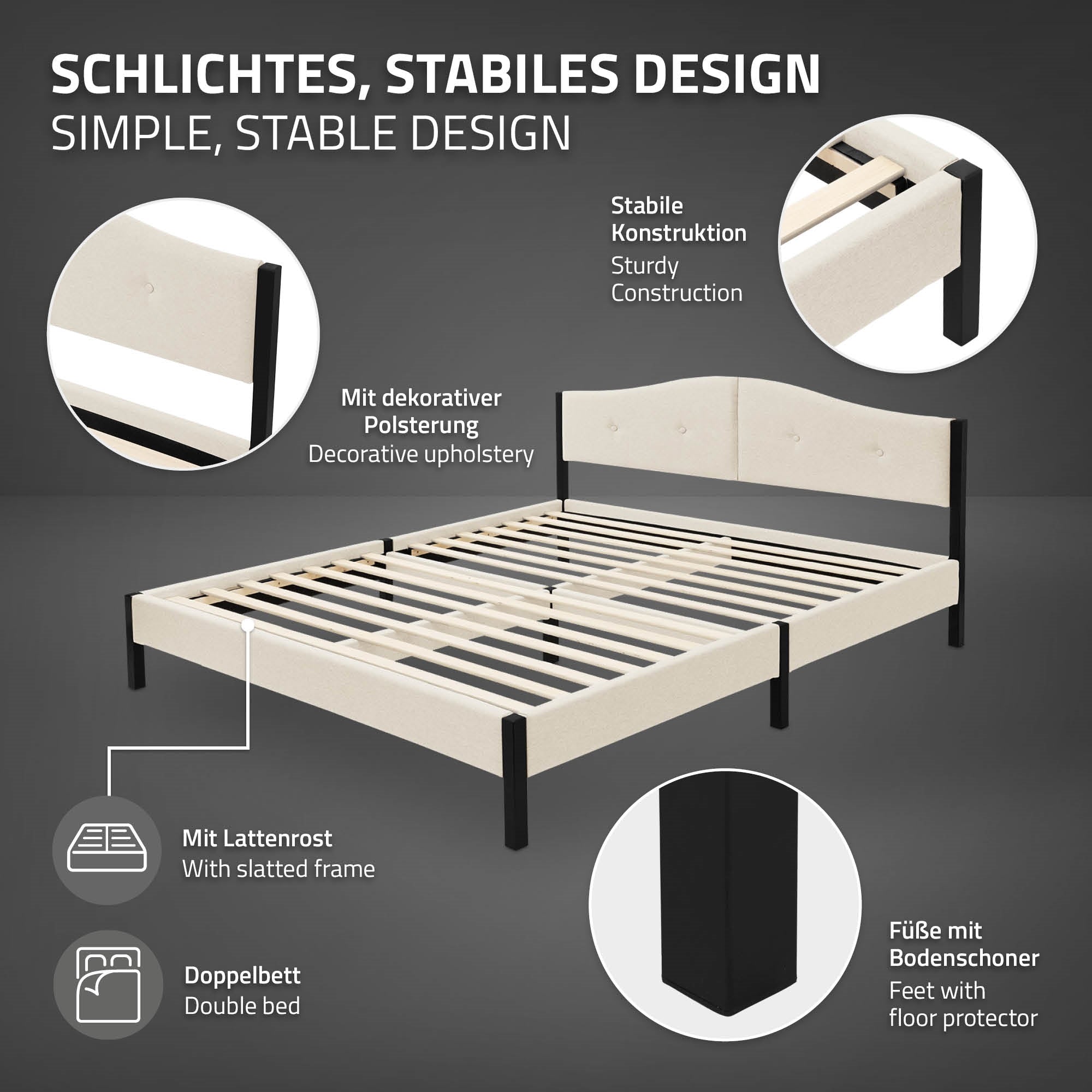 Grafik eines Bettes mit Beschreibung der Konstruktion und Materialien.