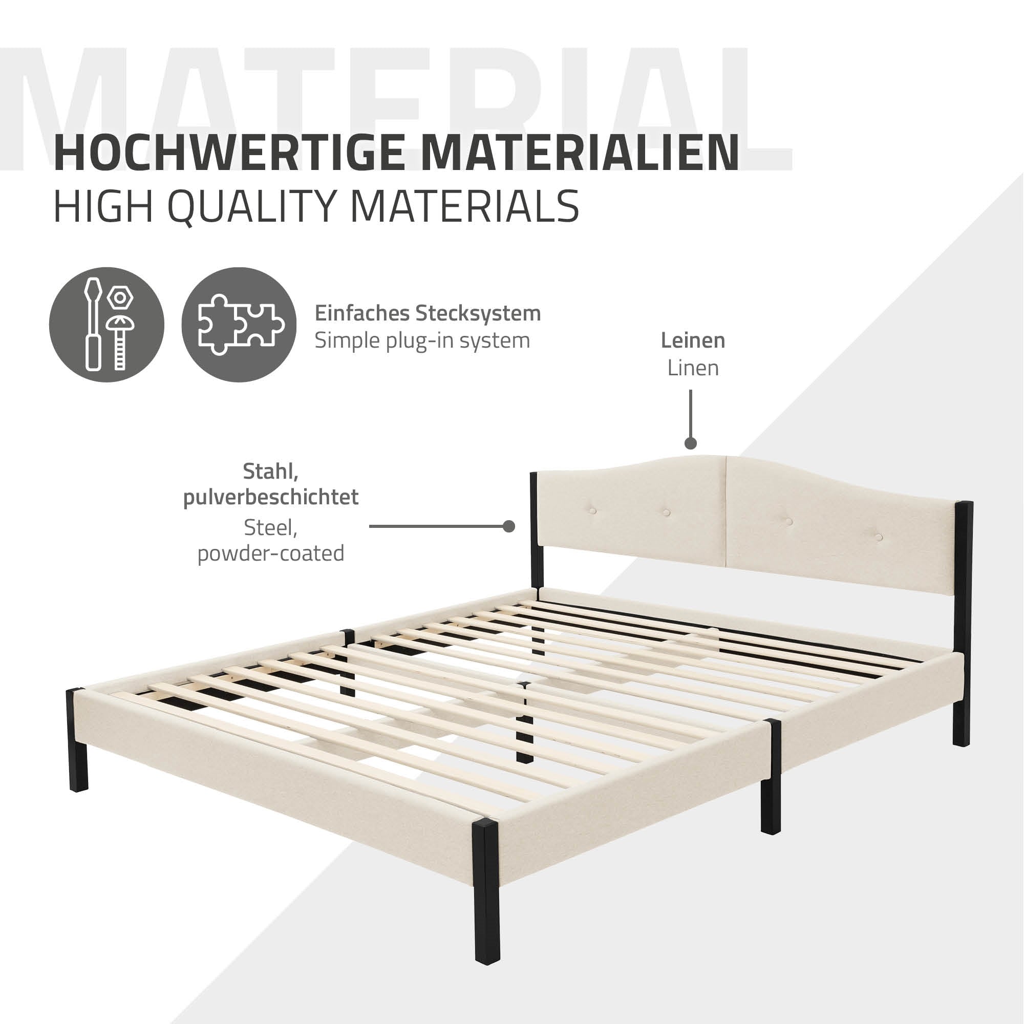 Grafik eines Bettes mit Materialien und einem einfachen Stecksystem.
