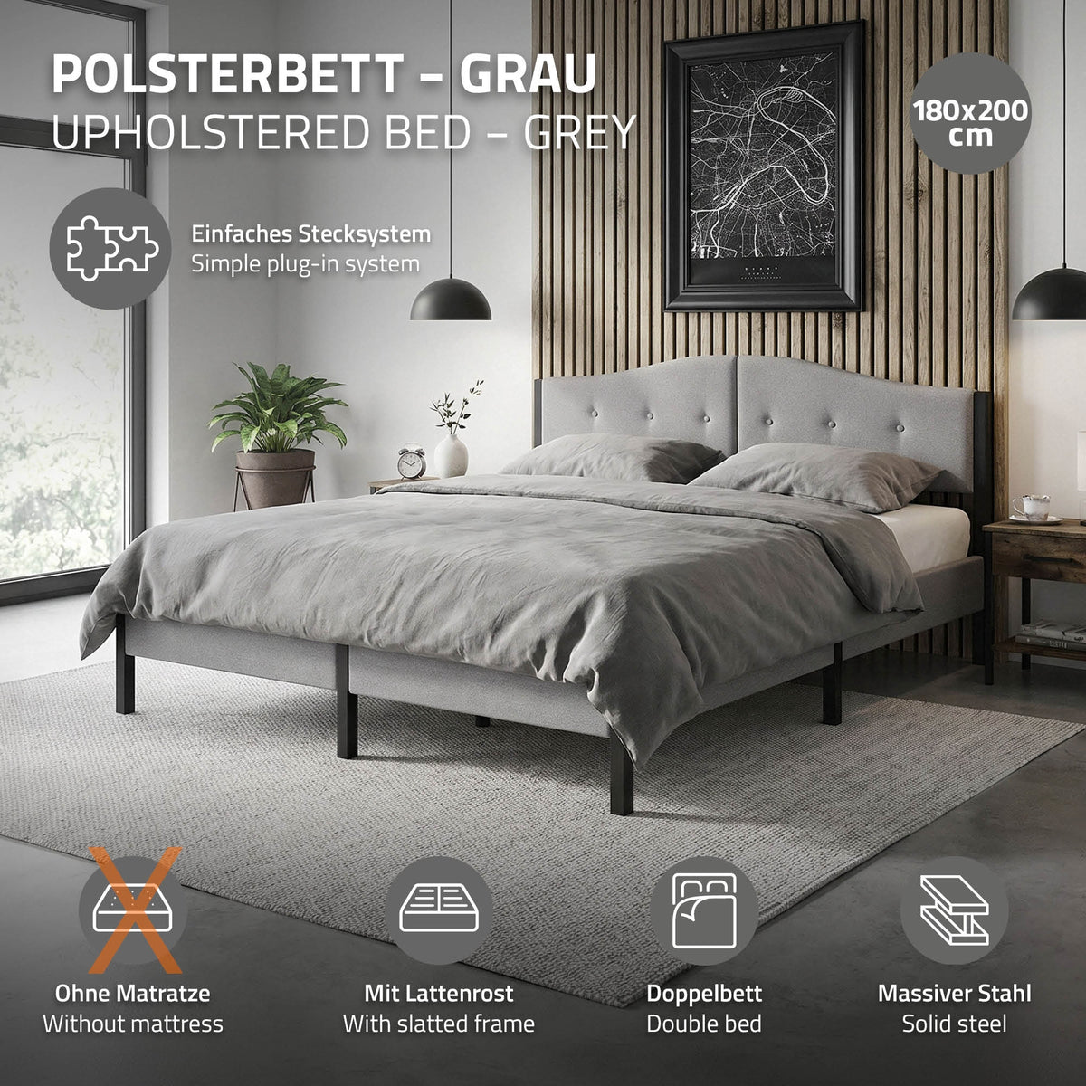 Gray upholstered bed with slatted system, without mattress, 180x200 cm.