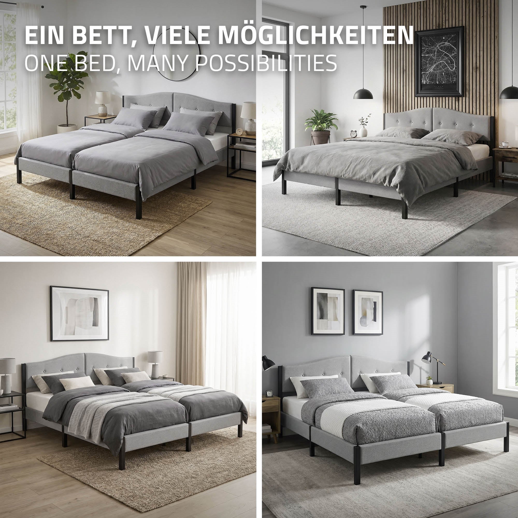 Four images of beds in different designs and colors.