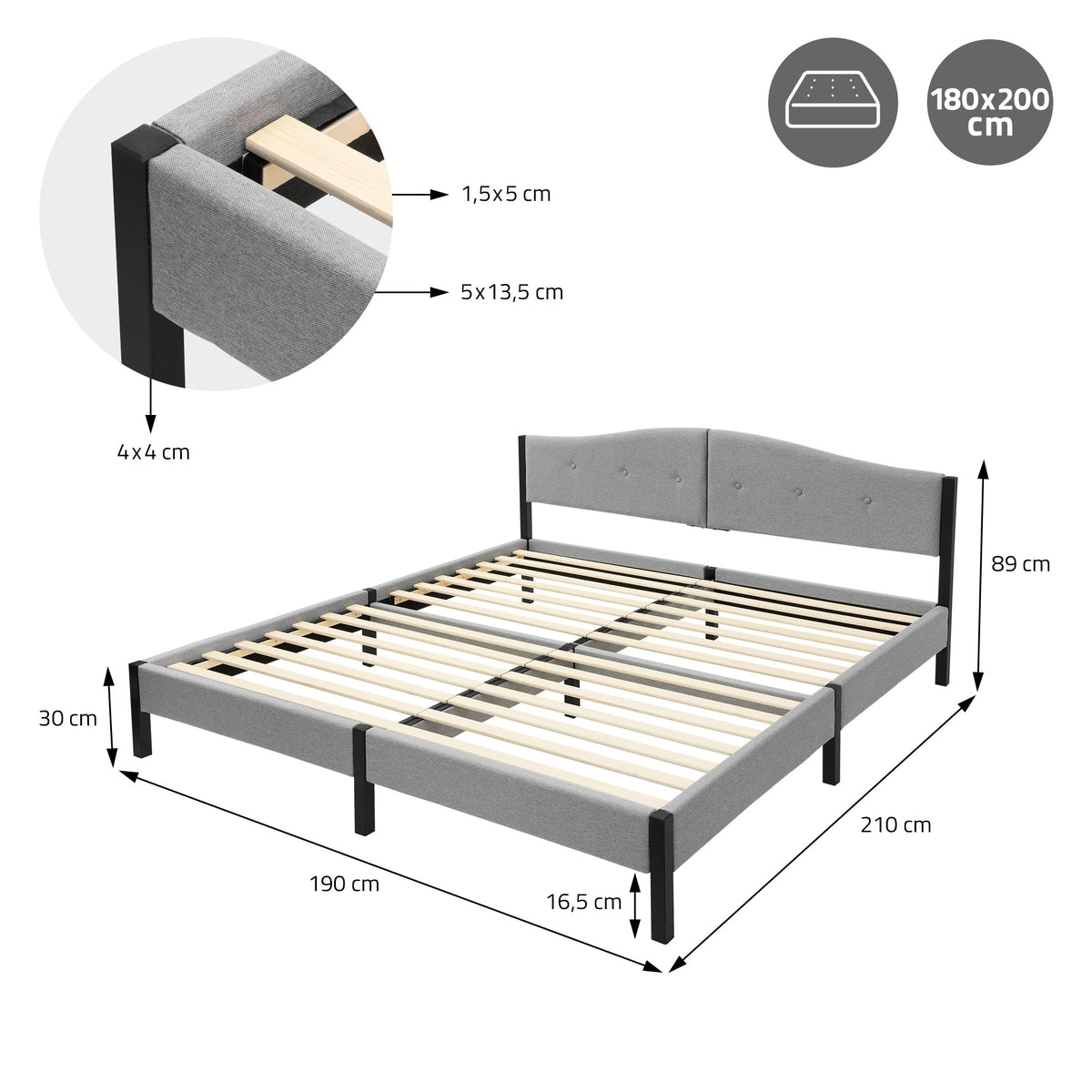 Technical drawing of a bed with dimensions and details about the materials.