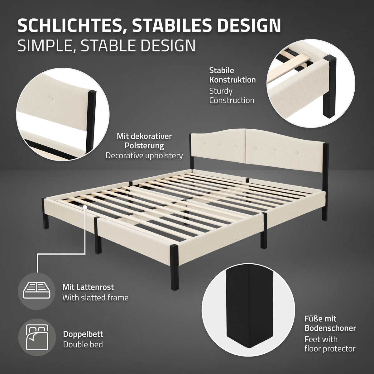 Grafica di un letto con descrizione delle caratteristiche e dei materiali.