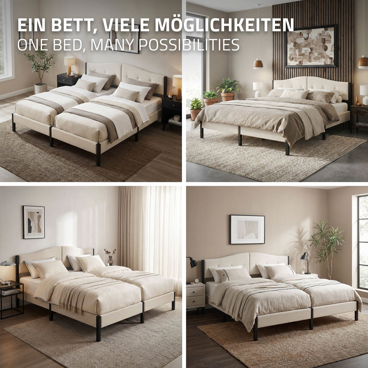 Quattro immagini di un letto in diverse configurazioni e design degli interni.