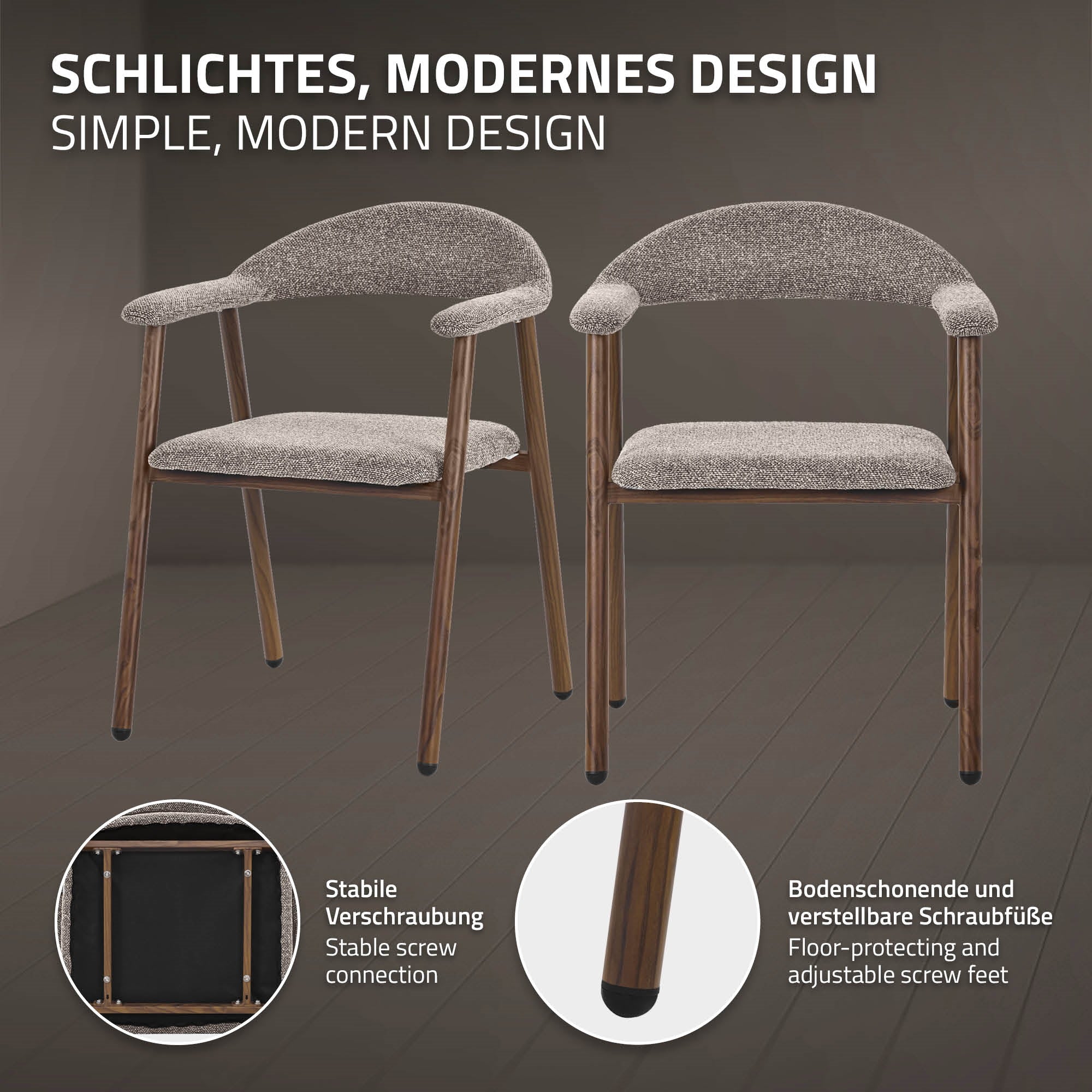 Zwei Stühle mit stabiler Verbindung, Beschreibung von Design und verstellbaren Füßen.