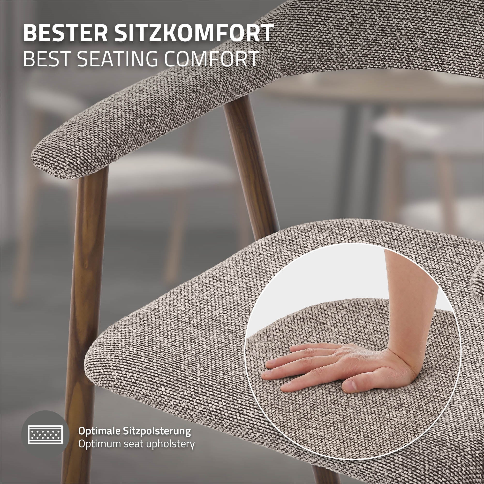 Stuhl mit weicher Polsterung, Hand auf der Armlehne, optimaler Sitzkomfort.