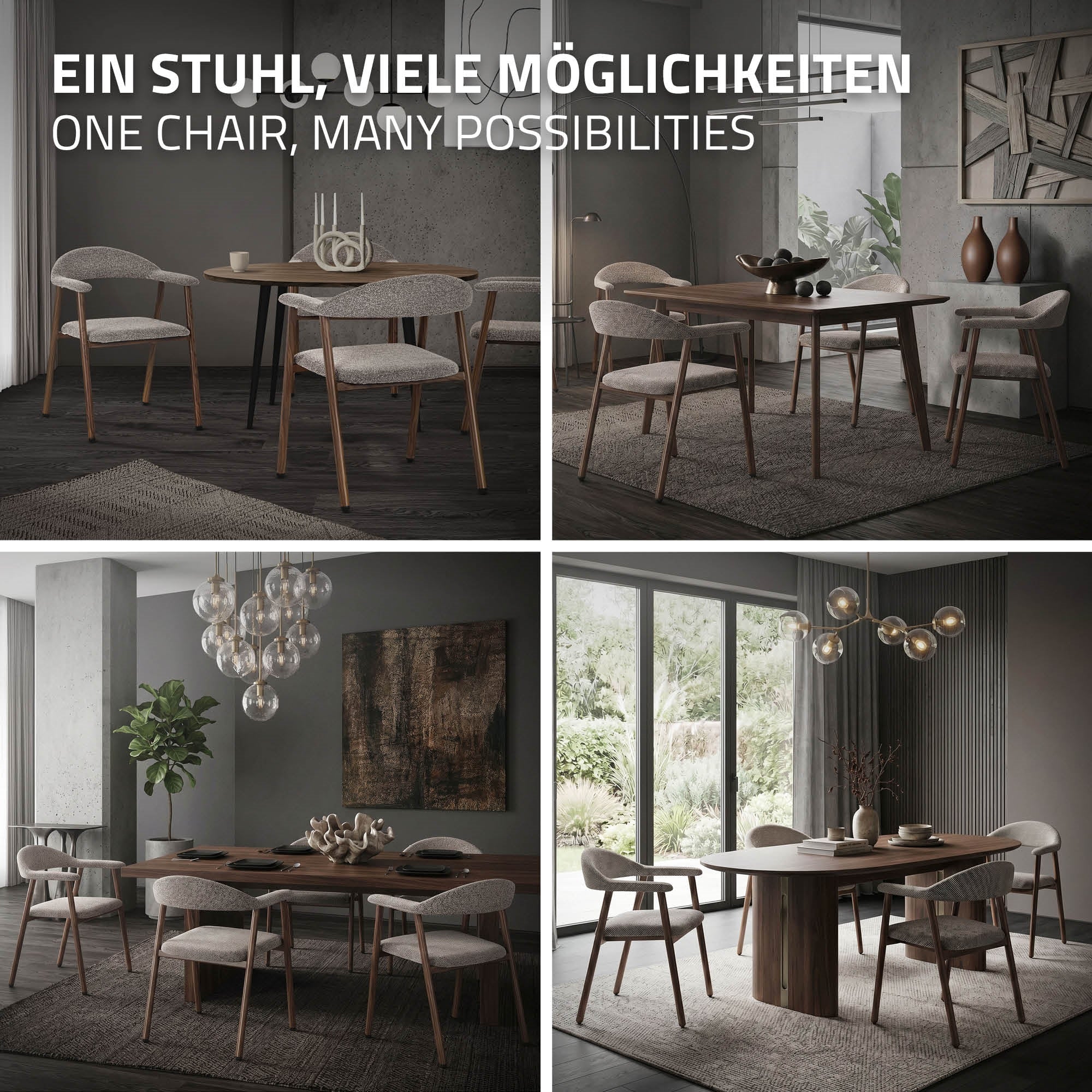Verschiedene Esszimmeranordnungen mit Stühlen und Tischen.