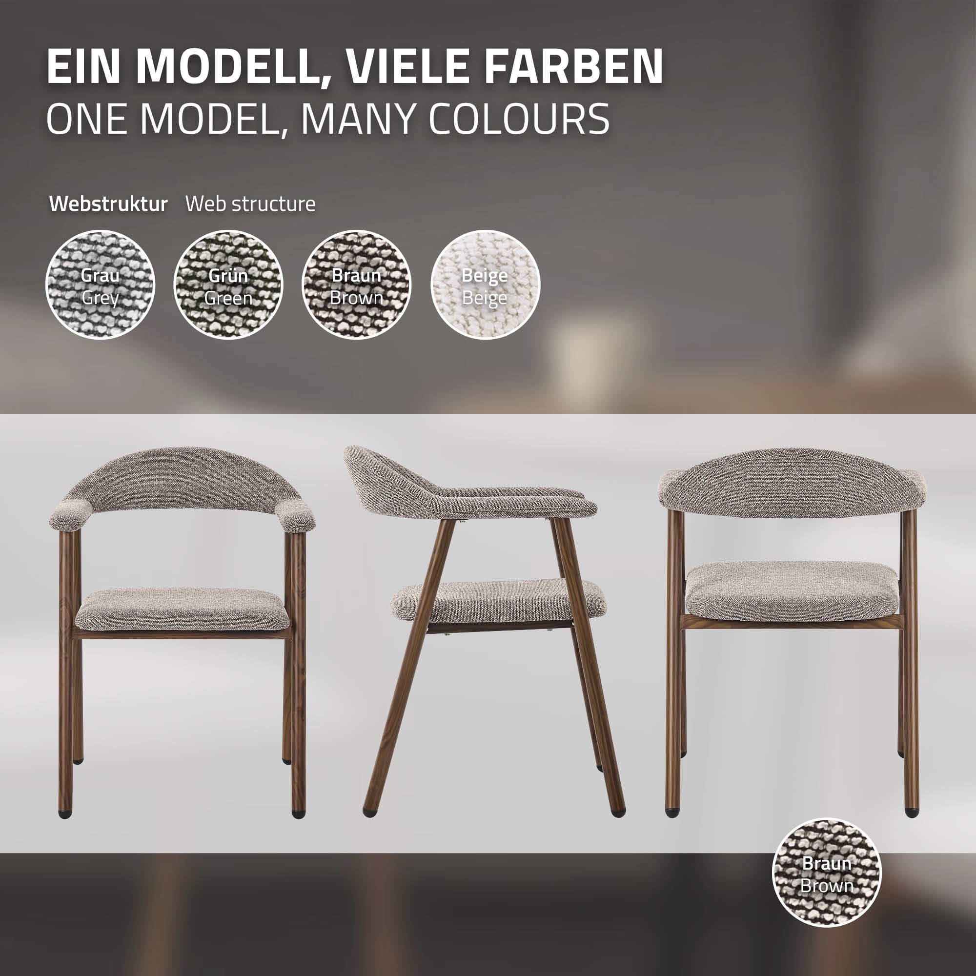 Stuhlmodell in verschiedenen Farben mit Webstruktur und Farboptionen.