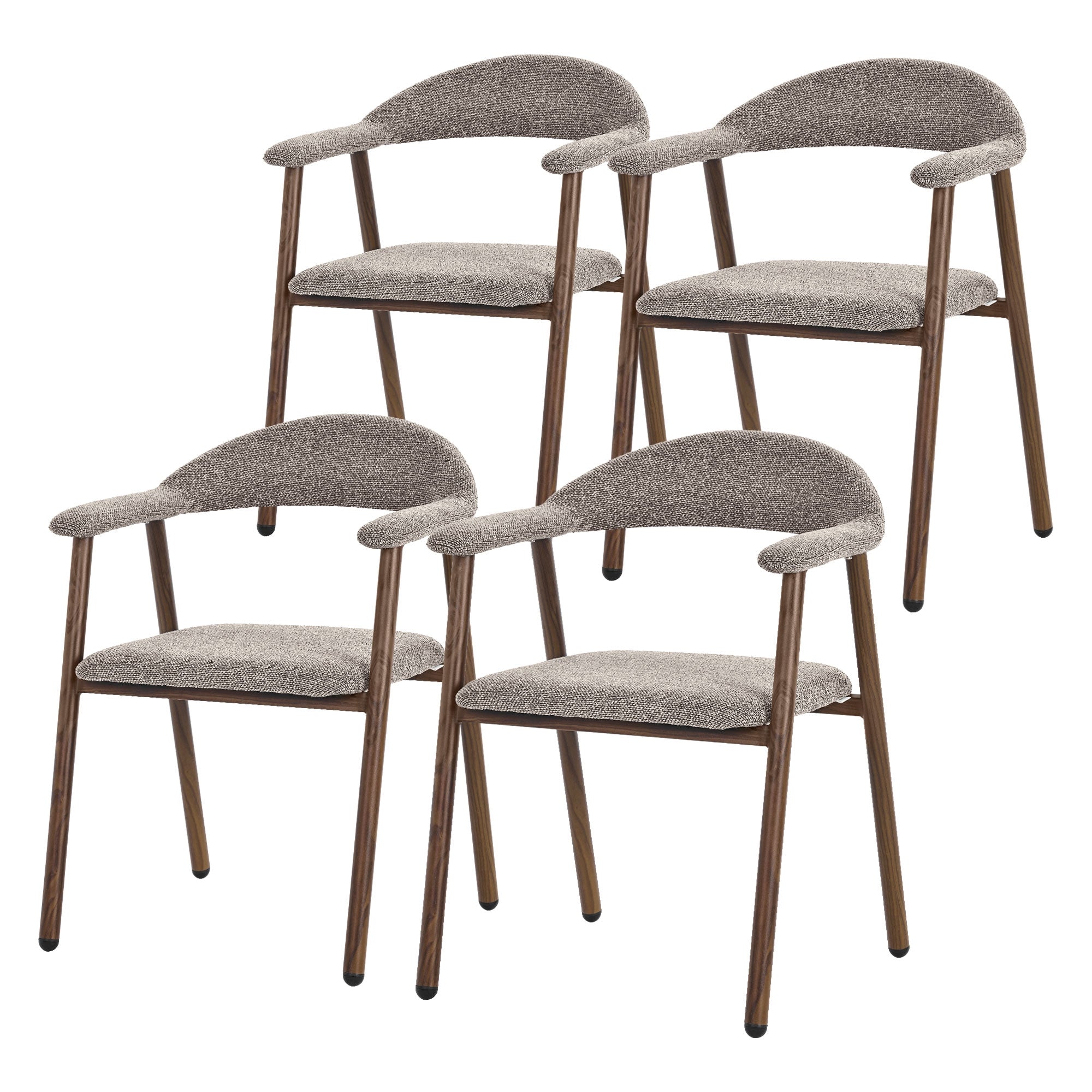 Vier Stühle mit grauem Stoffbezug und Holzgestell.