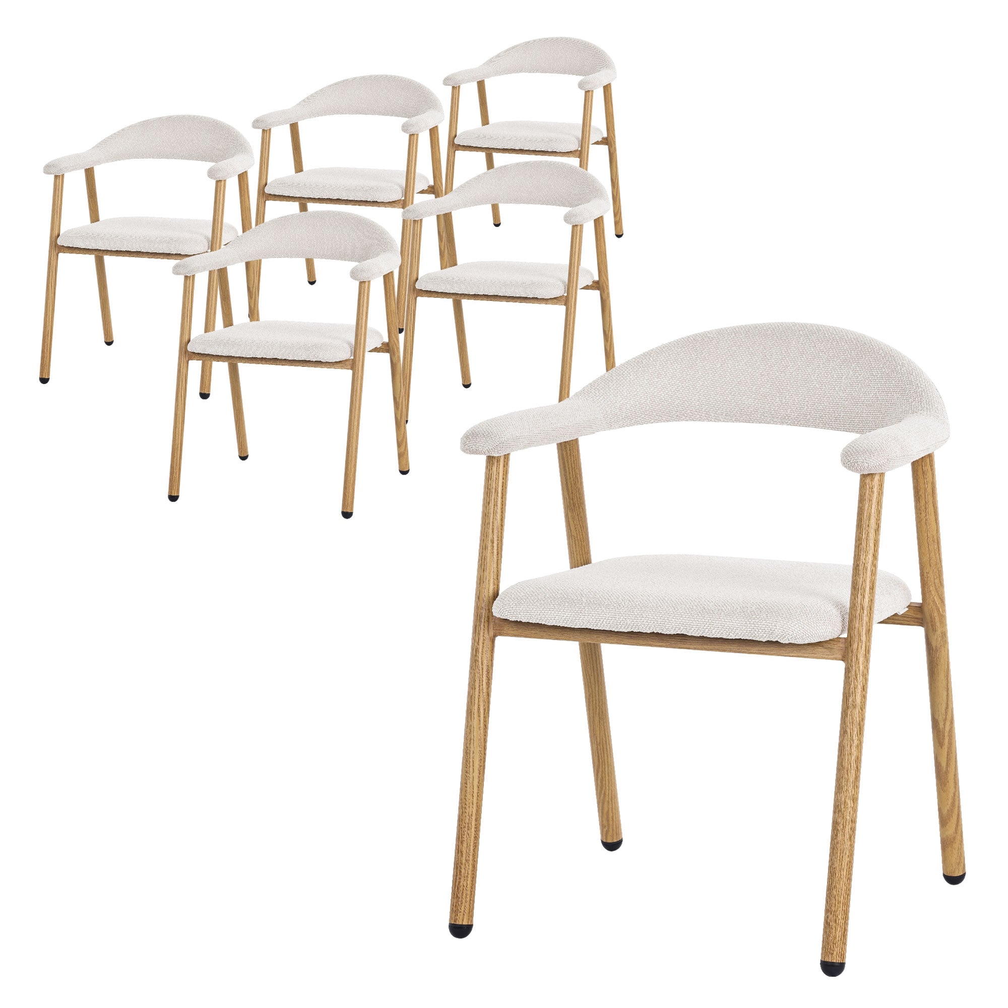 Sechs beige Esszimmerstühle mit Holzbeinen.