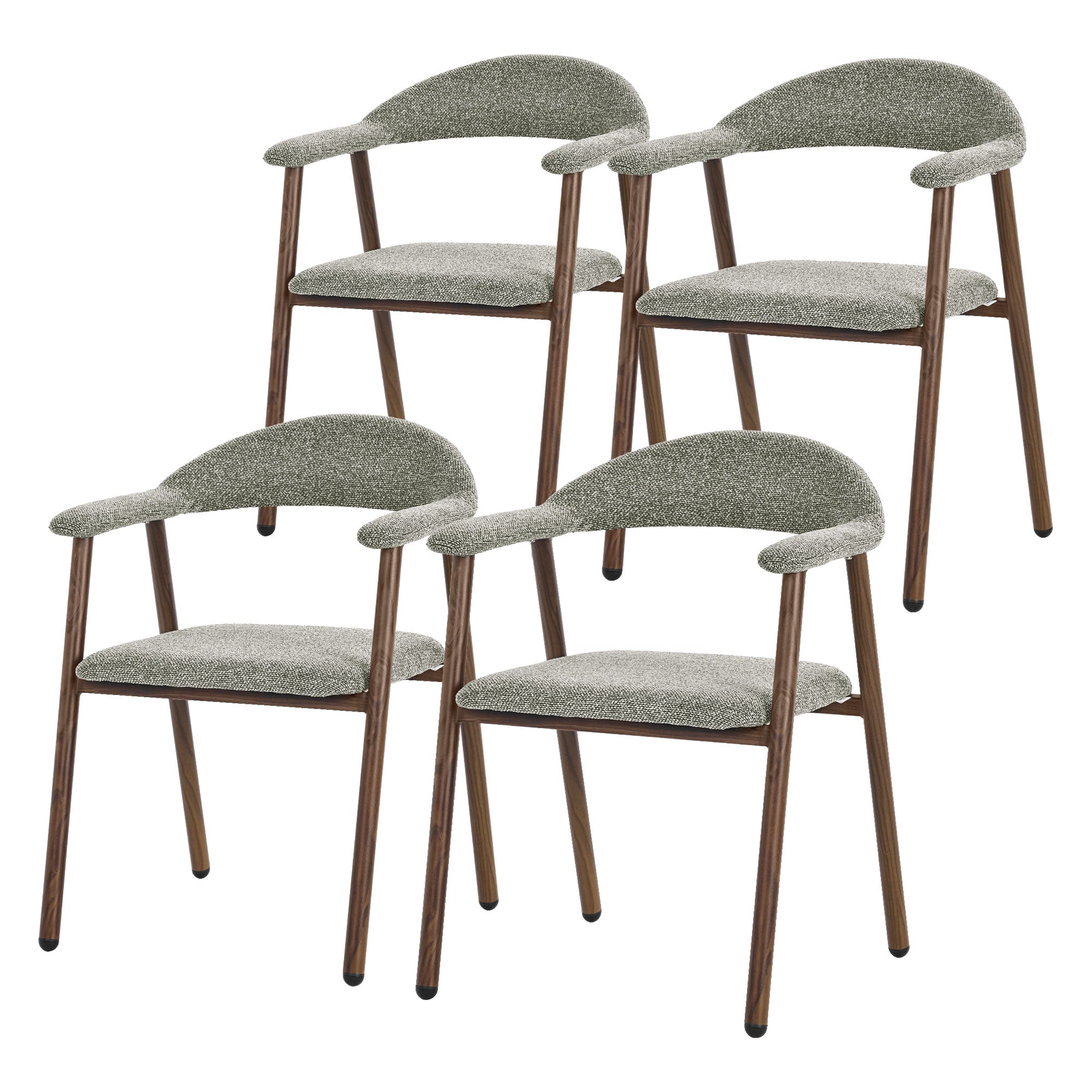 Vier Stühle in grauem Stoff mit Holzbeinen in einer Gruppe.