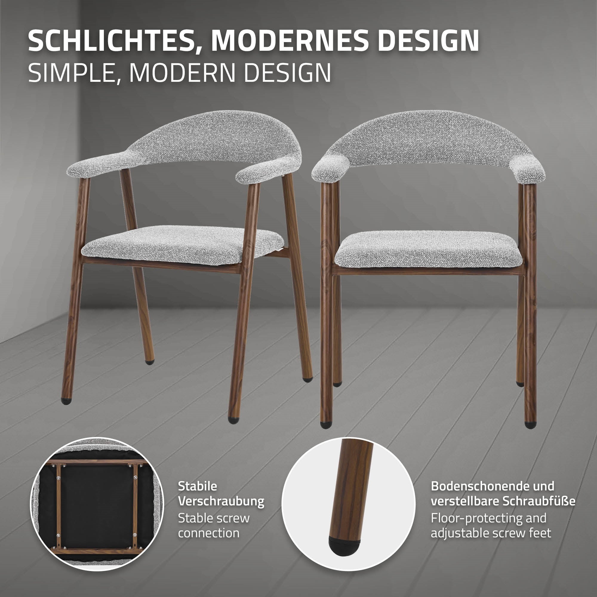 Moderner Stuhl mit grauem Polster und Holzbeinen.