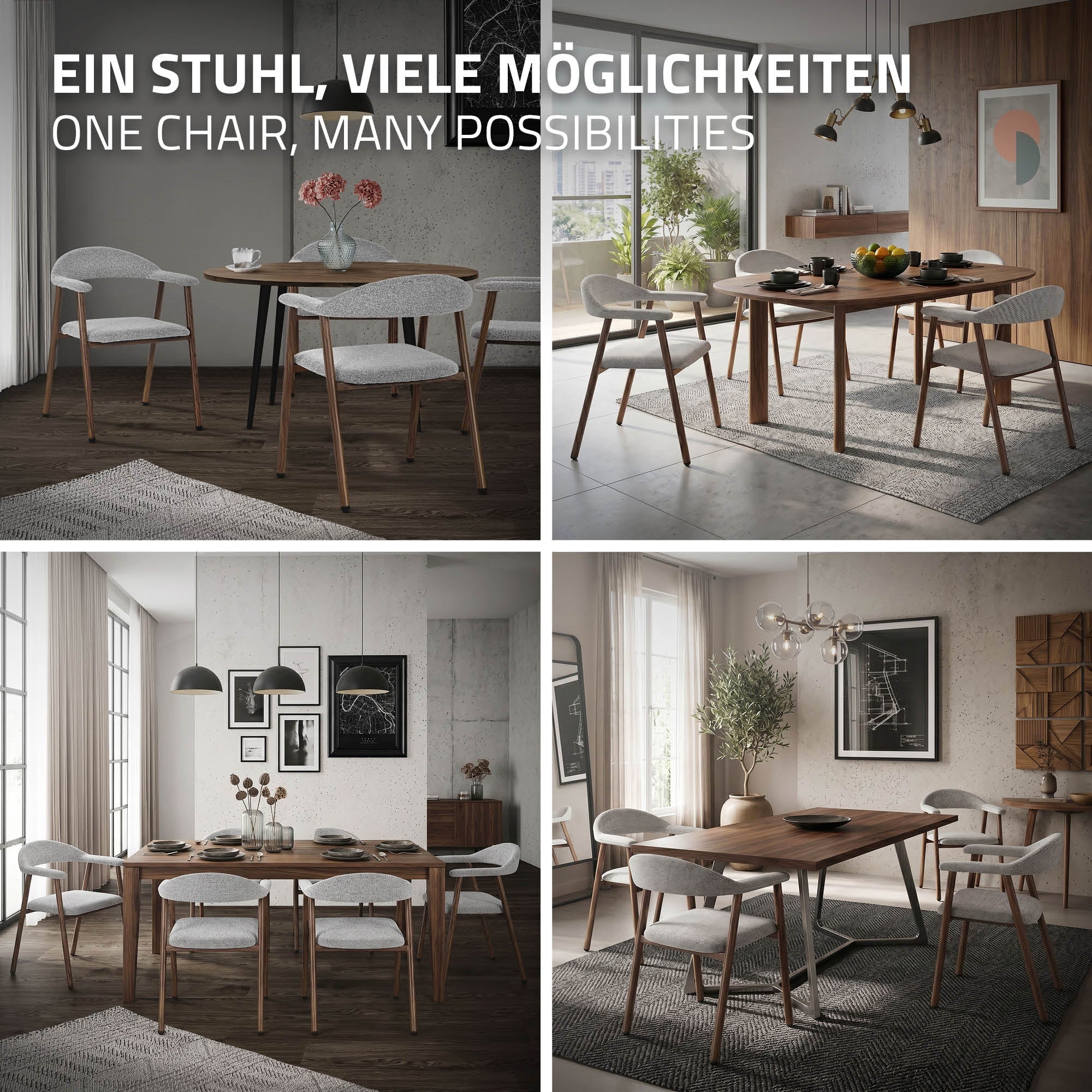Ein Raum mit verschiedenen Tisch- und Stuhlarrangements in modernem Design.