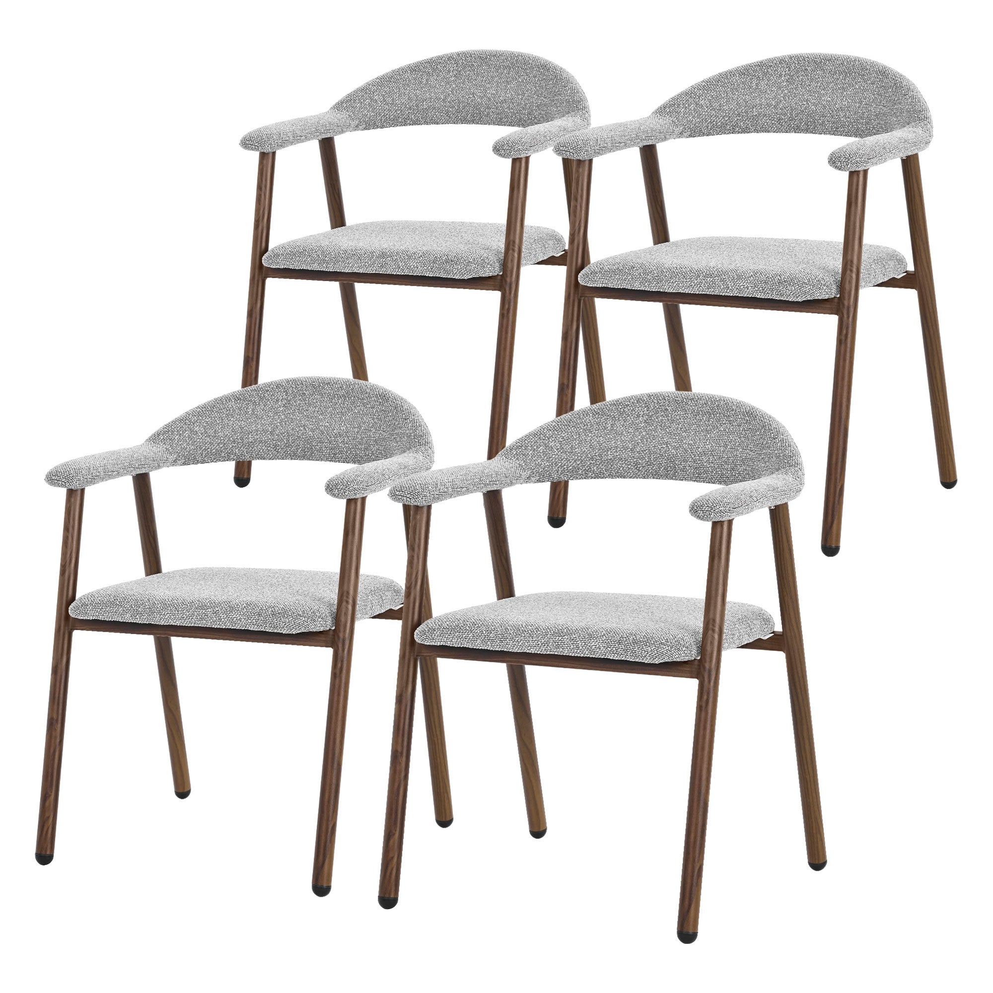 Vier graue Stühle mit Holzbeinen in einer Anordnung.