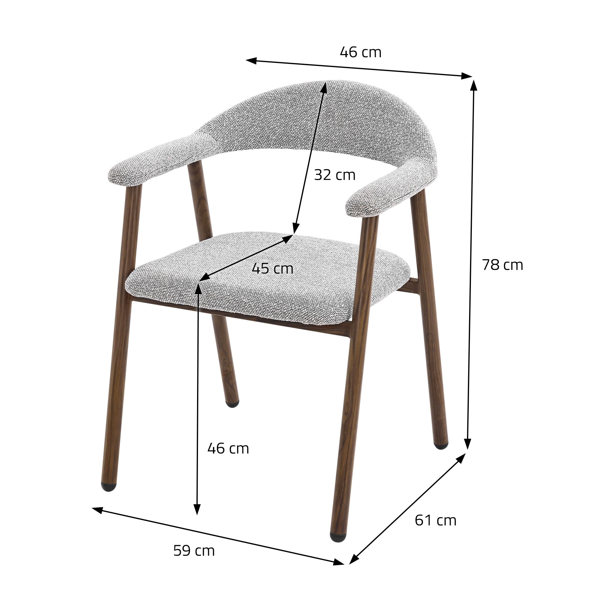 Grauer Stuhl mit Maßen für Sitzfläche und Rückenlehne.