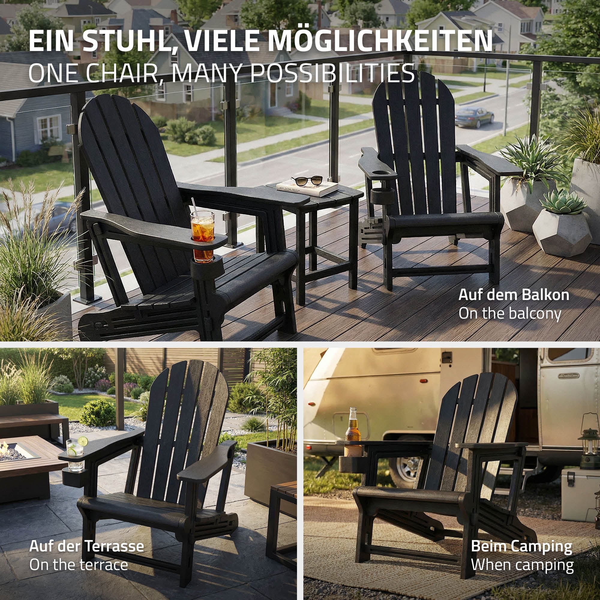 To sorte stole på en balkon med bord og drikkevarer.