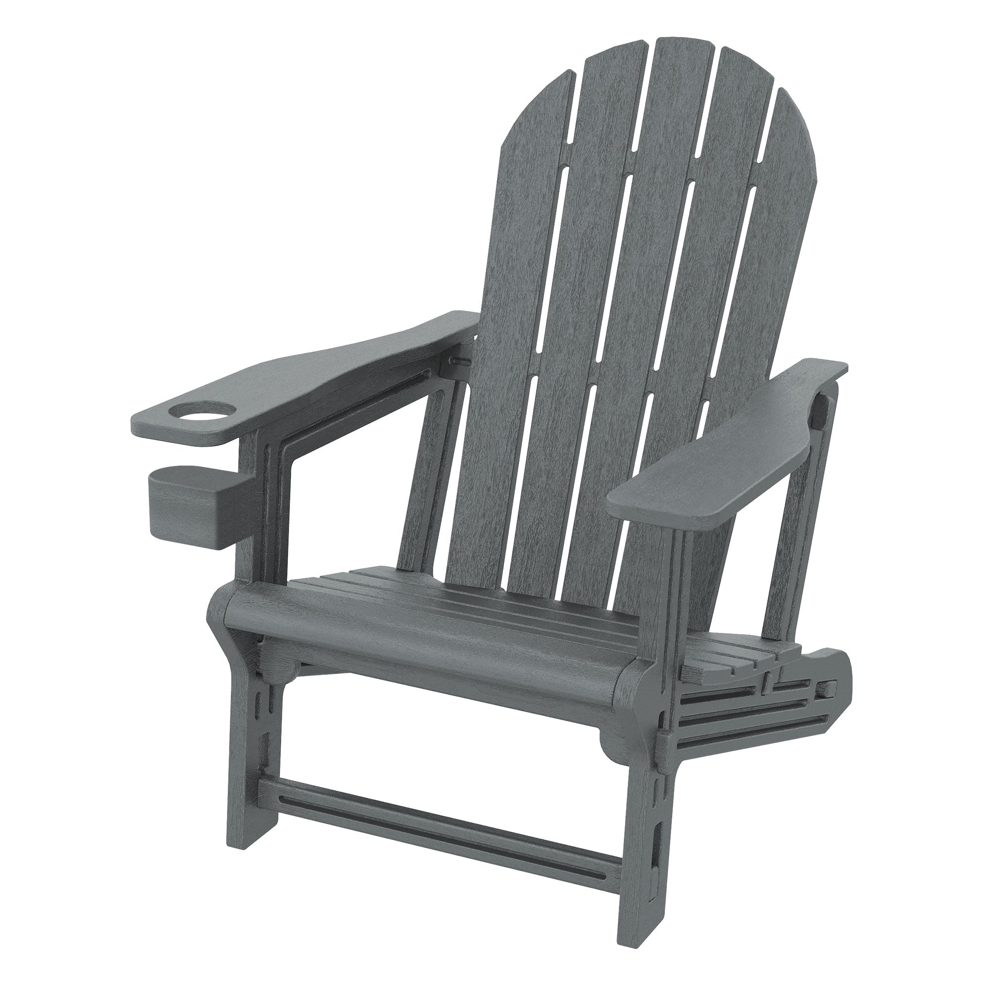 Ein grauer Adirondack-Stuhl mit Armlehne und Getränkehalter.