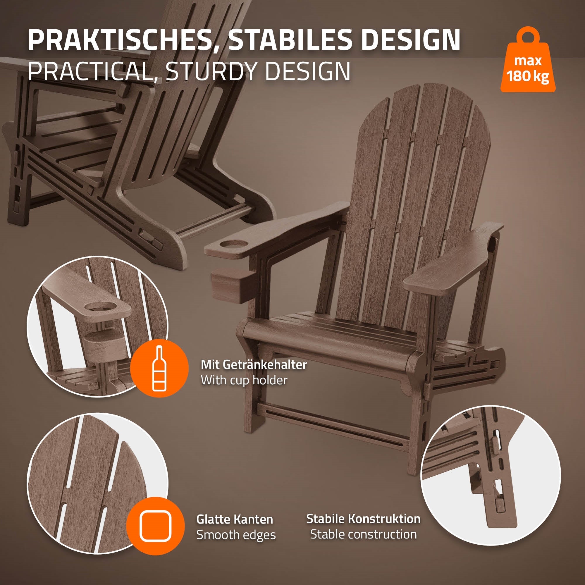 Graphique d'une chaise stable avec porte-boisson et bords lisses.