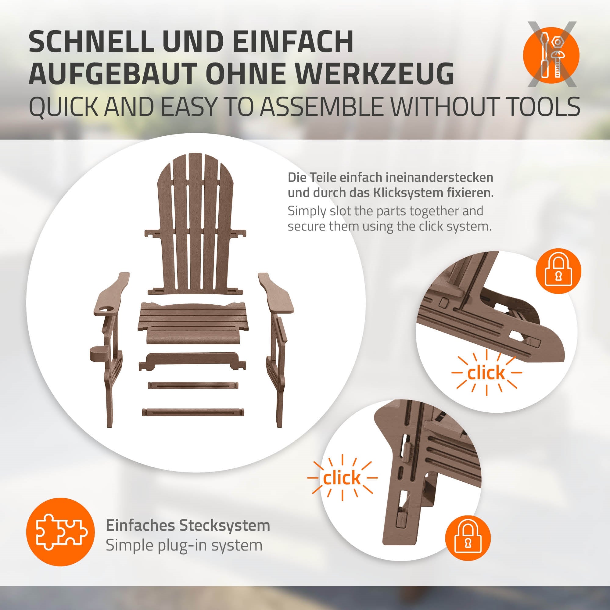 Instructions de montage pour une chaise, les pièces s'assemblent sans outil.