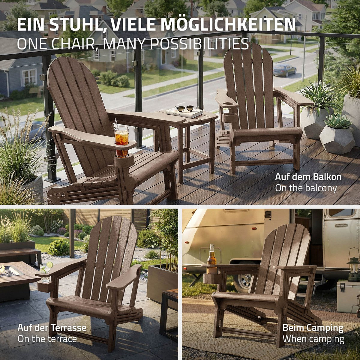 Drei Bilder von einem Holzstuhl auf Balkon, Terrasse und beim Camping.