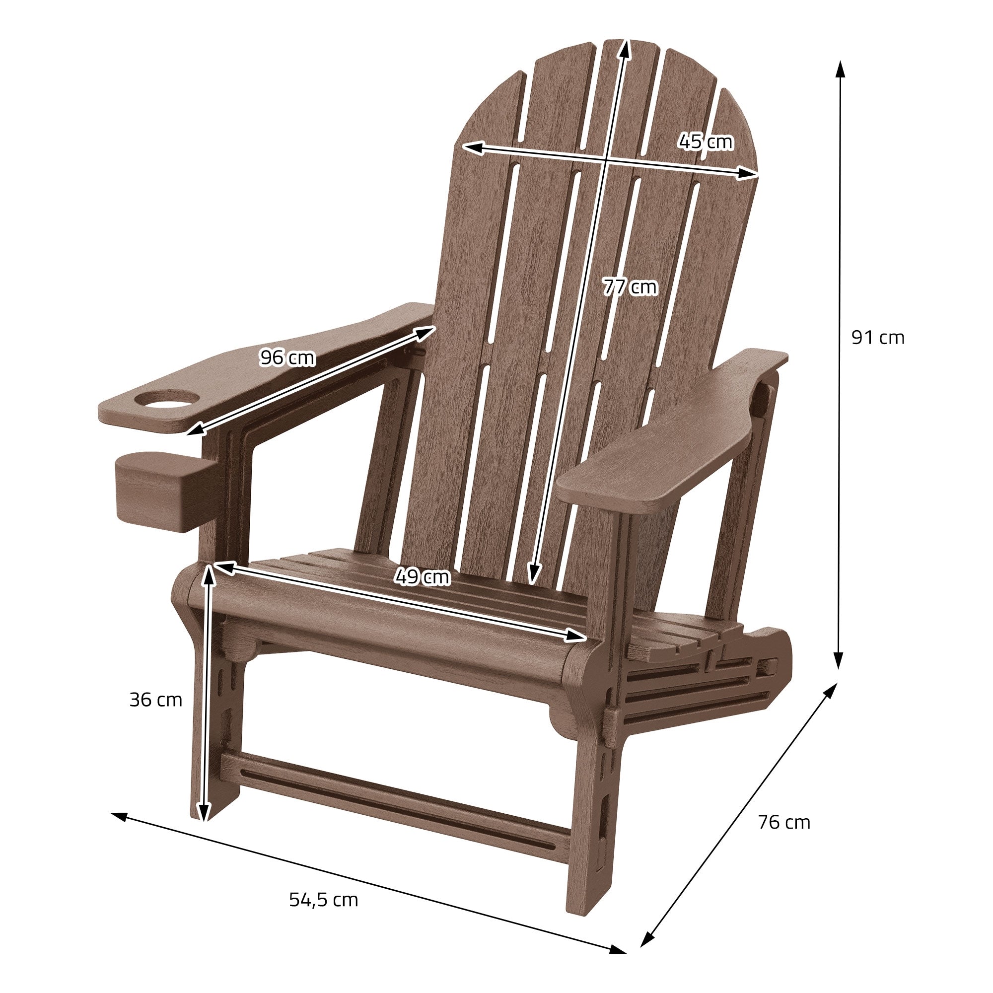 Dessin des dimensions d'une chaise en bois avec accoudoirs et porte-gobelet.