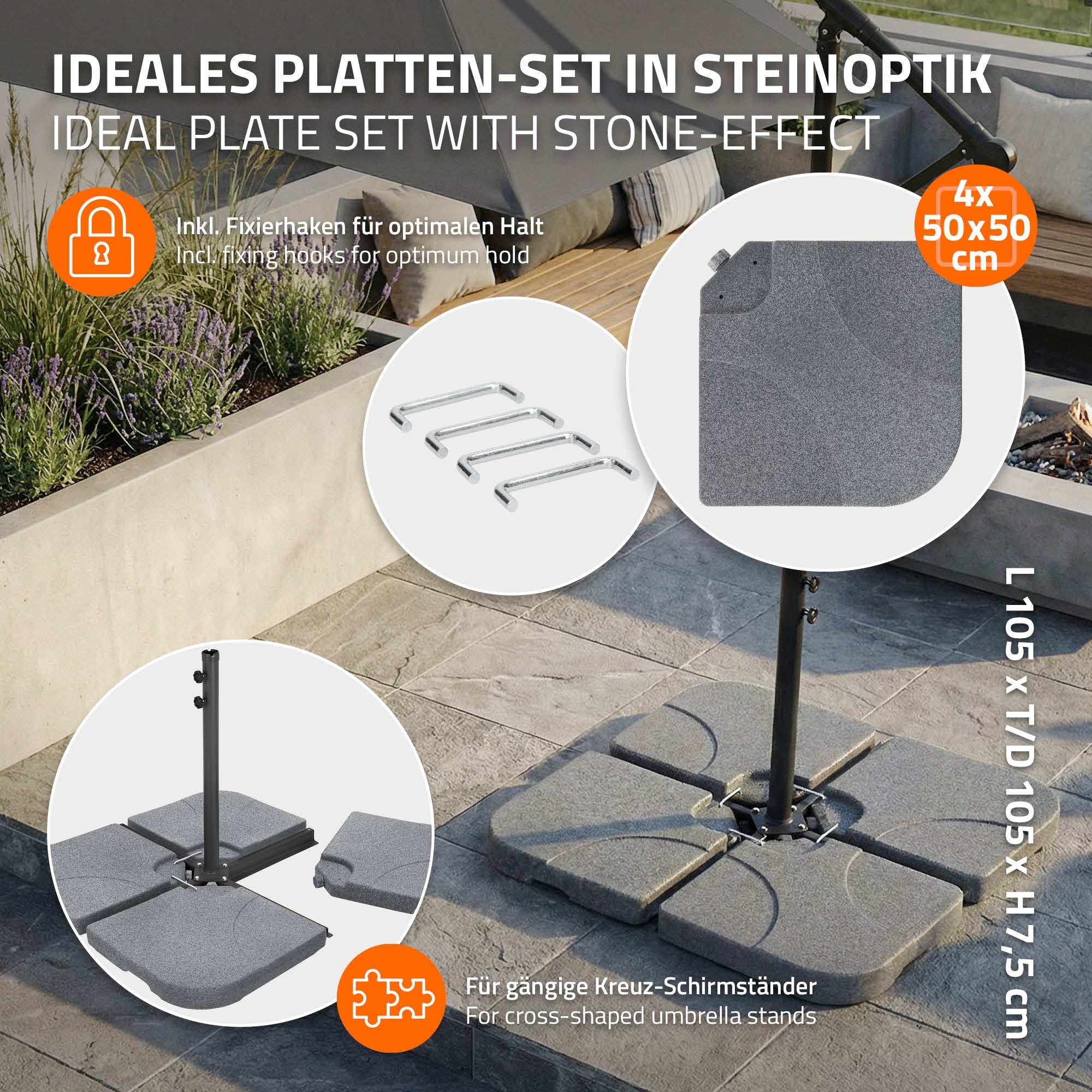 Ein Platten-Set in Steinoptik für einen Schirmständer auf einem gepflasterten Boden.
