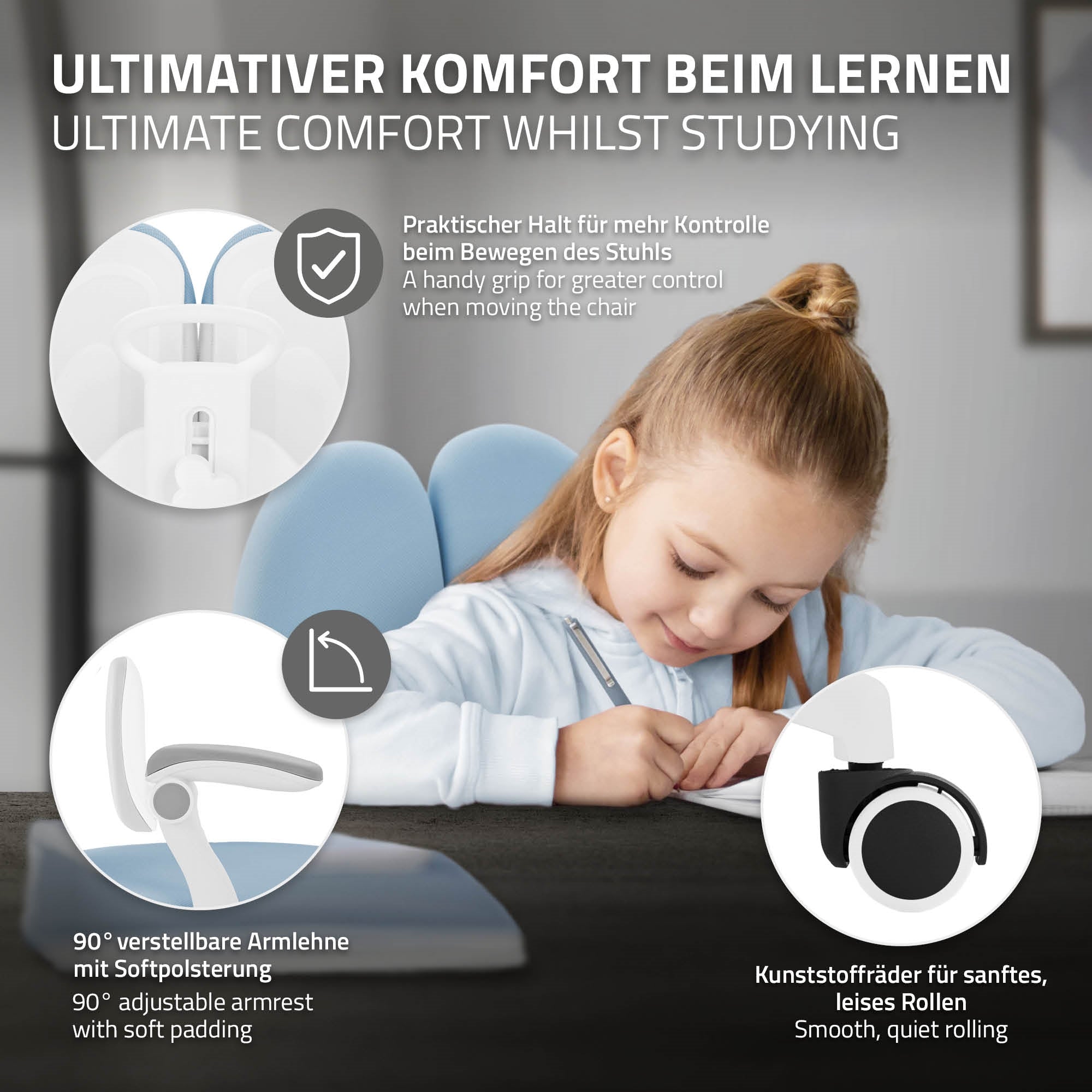 Grafik mit Komfortmerkmalen eines Schreibtischstuhls.