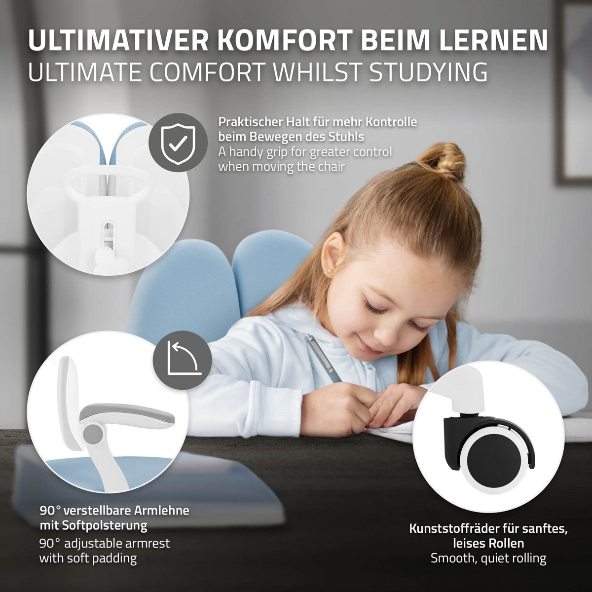 Grafik mit Komfortmerkmalen eines Schreibtischstuhls.