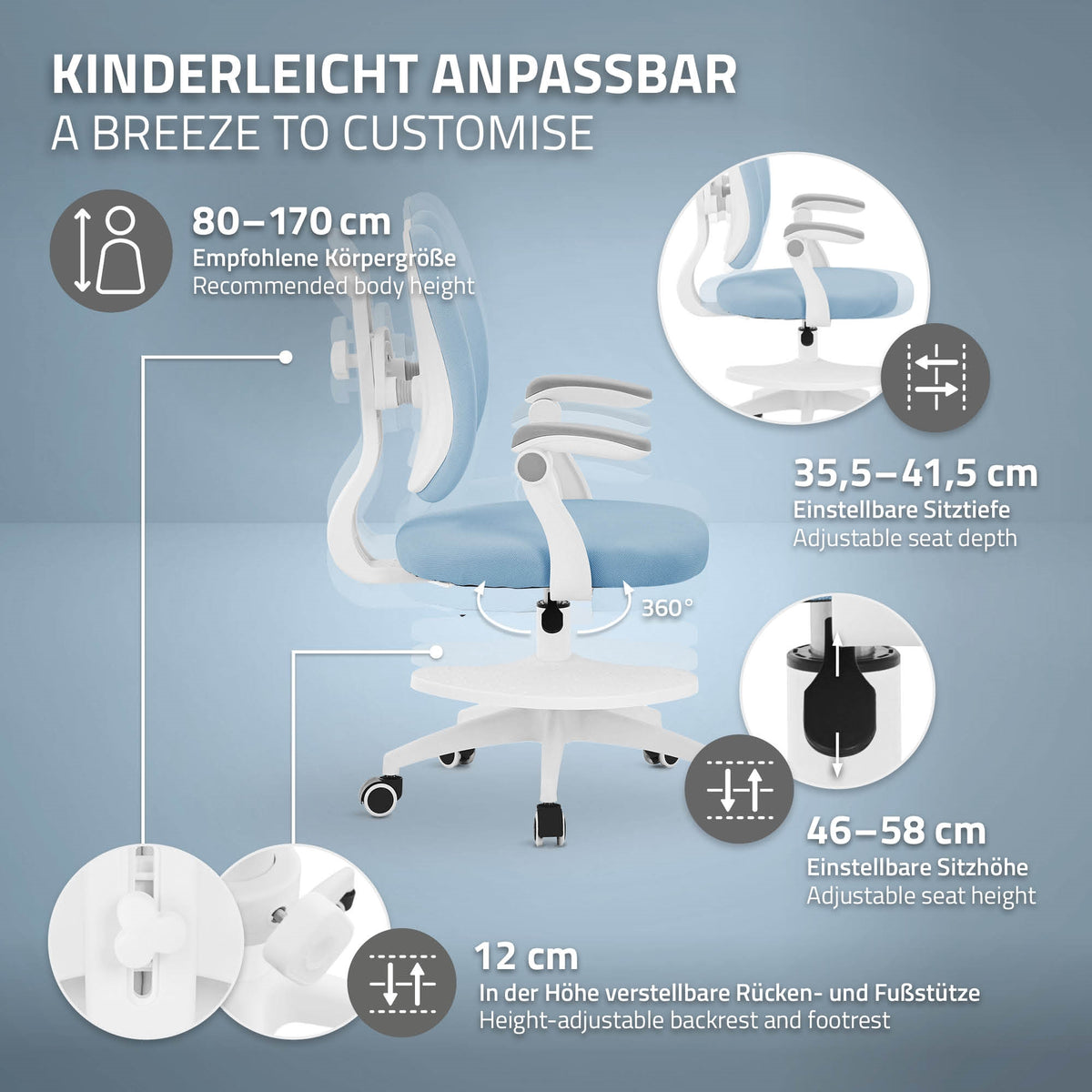 Grafik mit Anpassungsmöglichkeiten eines Schreibtischstuhls.