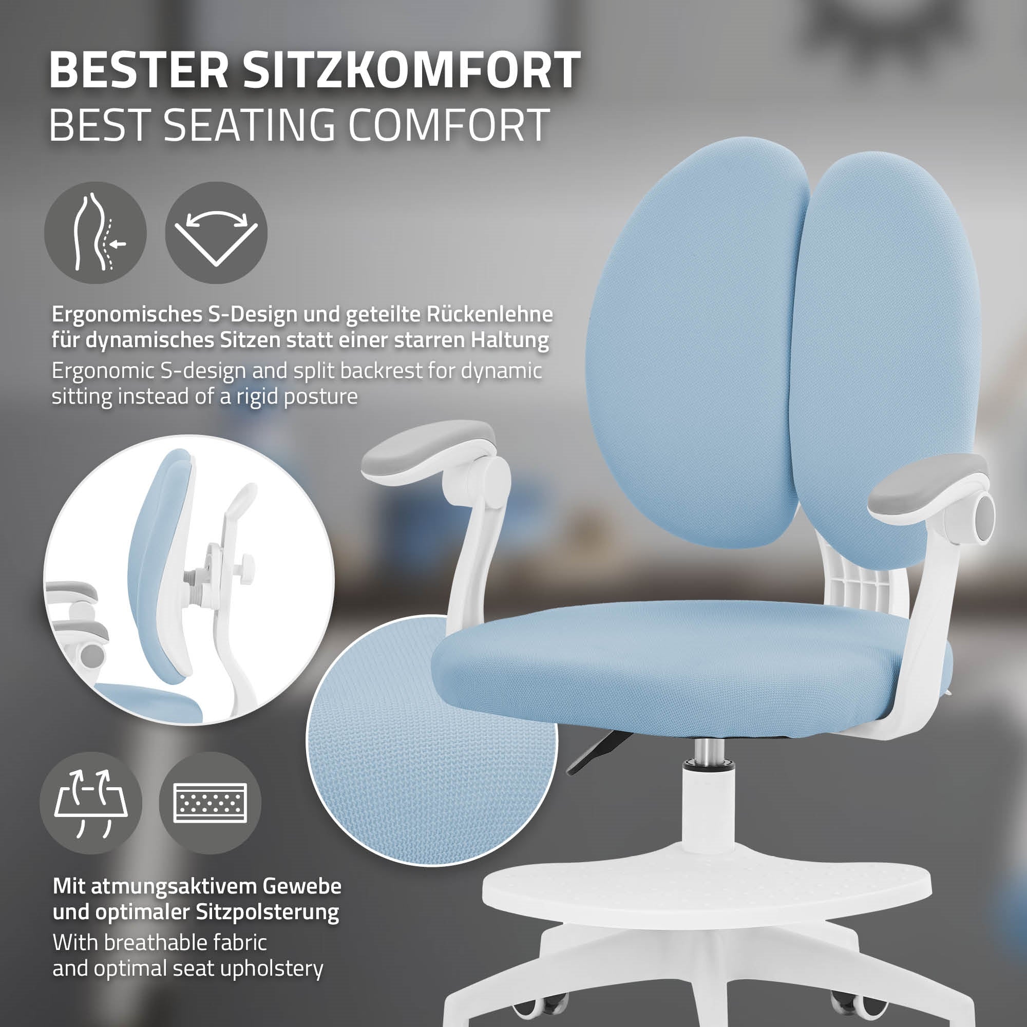 Bürostuhl mit ergonomischem Design in hellblau und atmungsaktivem Bezug.