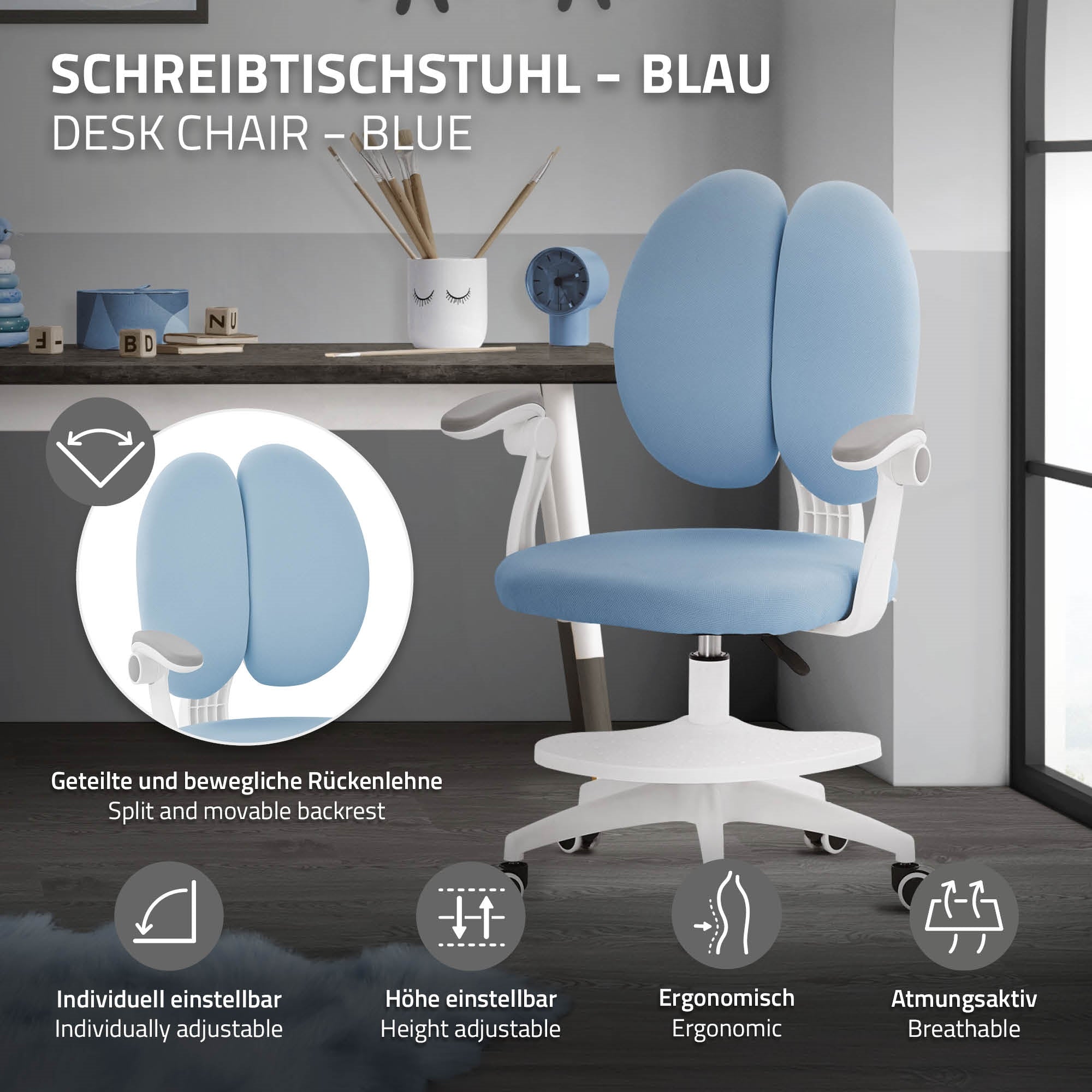 Blauer Schreibtischstuhl mit geteilter Rückenlehne und ergonomischem Design.