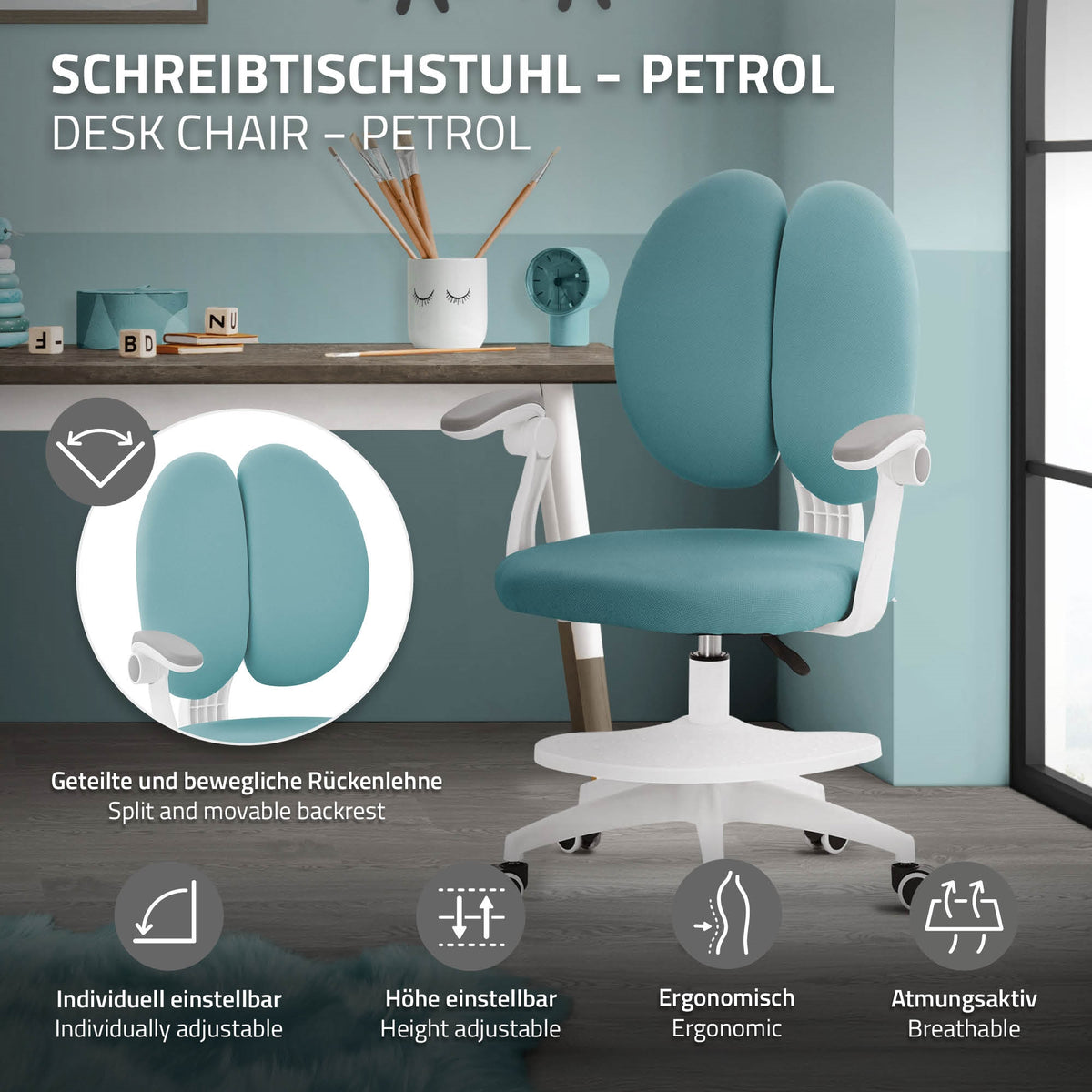 Billede af en ergonomisk skrivebordstol i farven petrol.