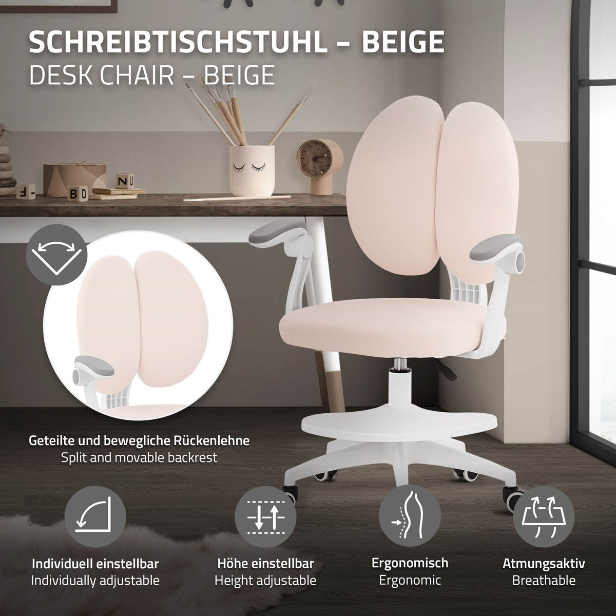 Beiger Schreibtischstuhl mit geteilter Rückenlehne.