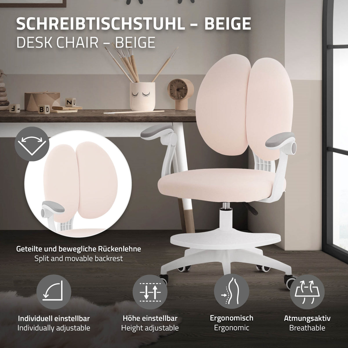Beiger Schreibtischstuhl mit geteilter Rückenlehne.
