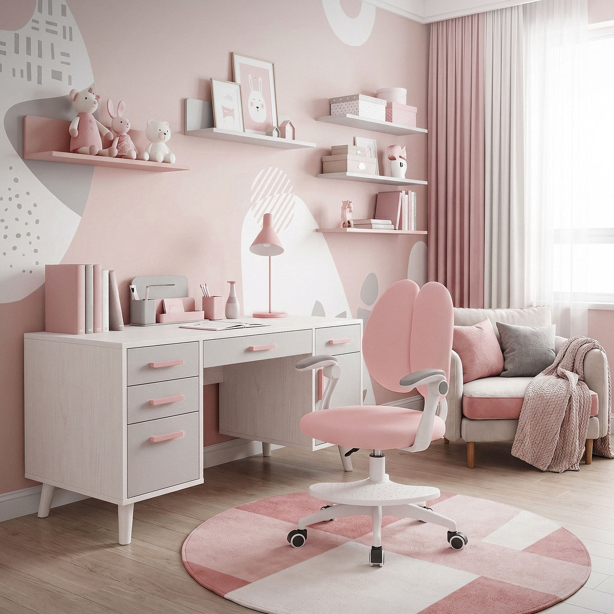 Ein rosa eingerichteter Raum mit Schreibtisch, Stuhl und Dekorationen.