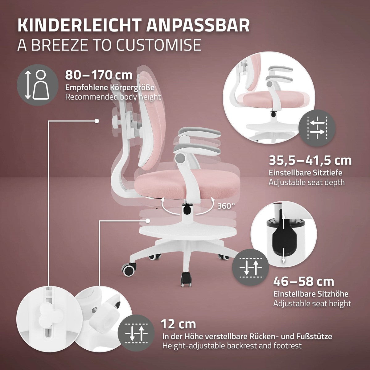 Grafik mit Anpassungsoptionen für einen Bürostuhl, inklusive Höhen- und Sitztiefeneinstellungen.