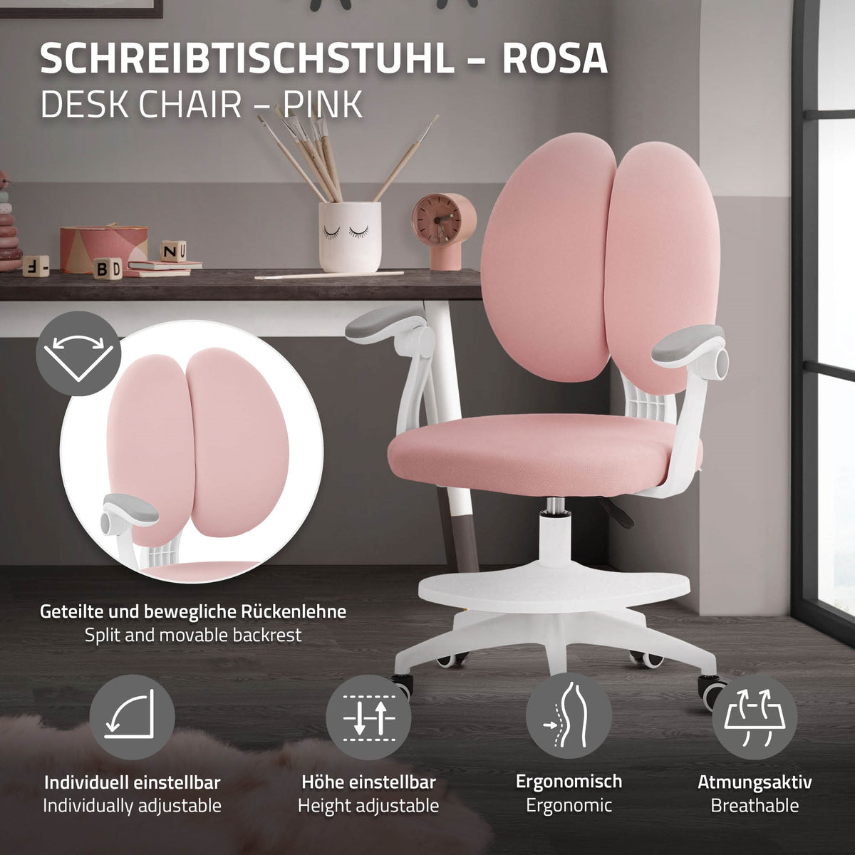 Rosa Schreibtischstuhl in einem Raum, mit Schreibtisch und Dekoration im Hintergrund.