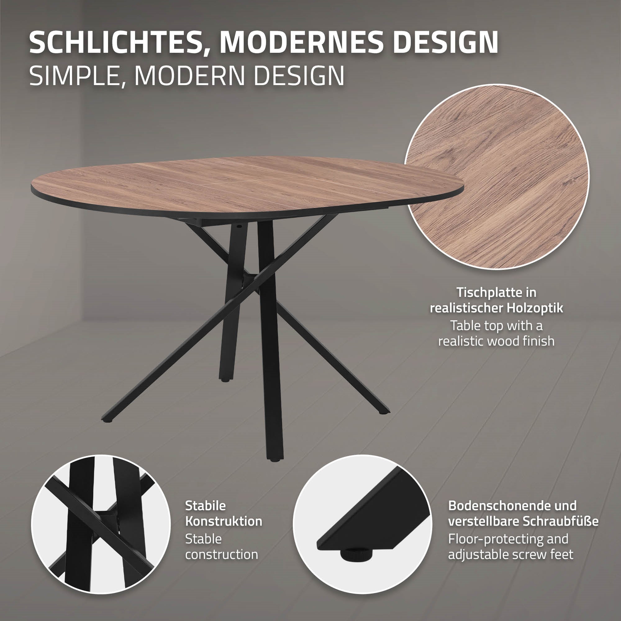 Ein runder Tisch mit Holzoptik und stabilen Beinen.