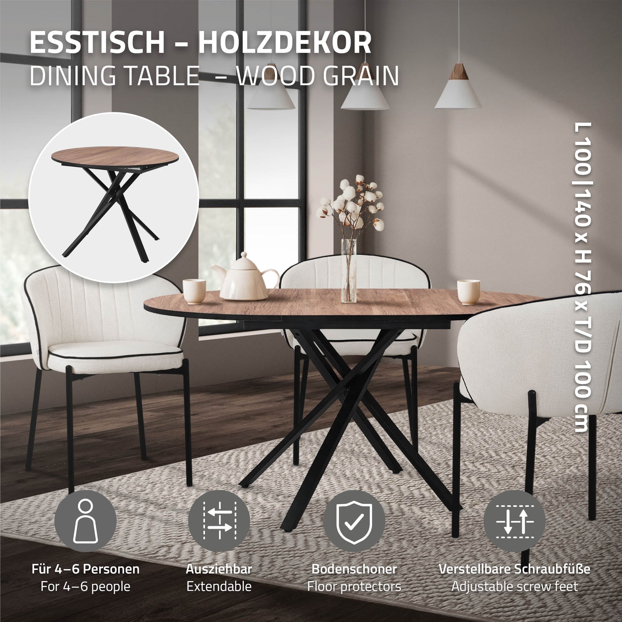 Esstisch mit Holzdekor, ausziehbar für 4-6 Personen.
