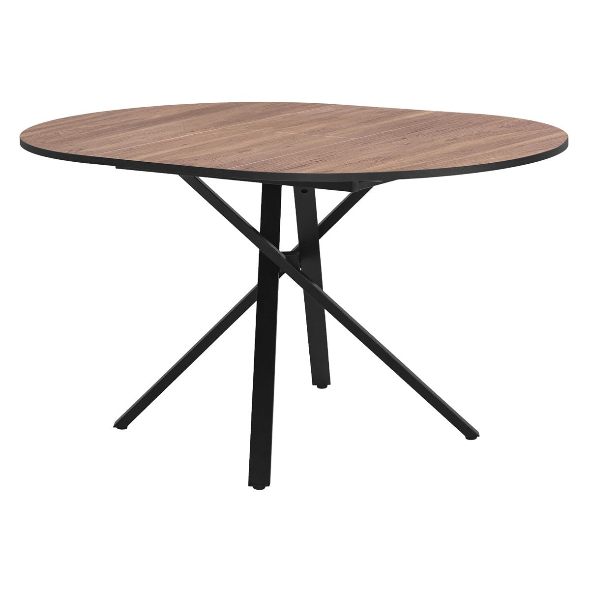Round table with a wooden top and black frame on a white background.