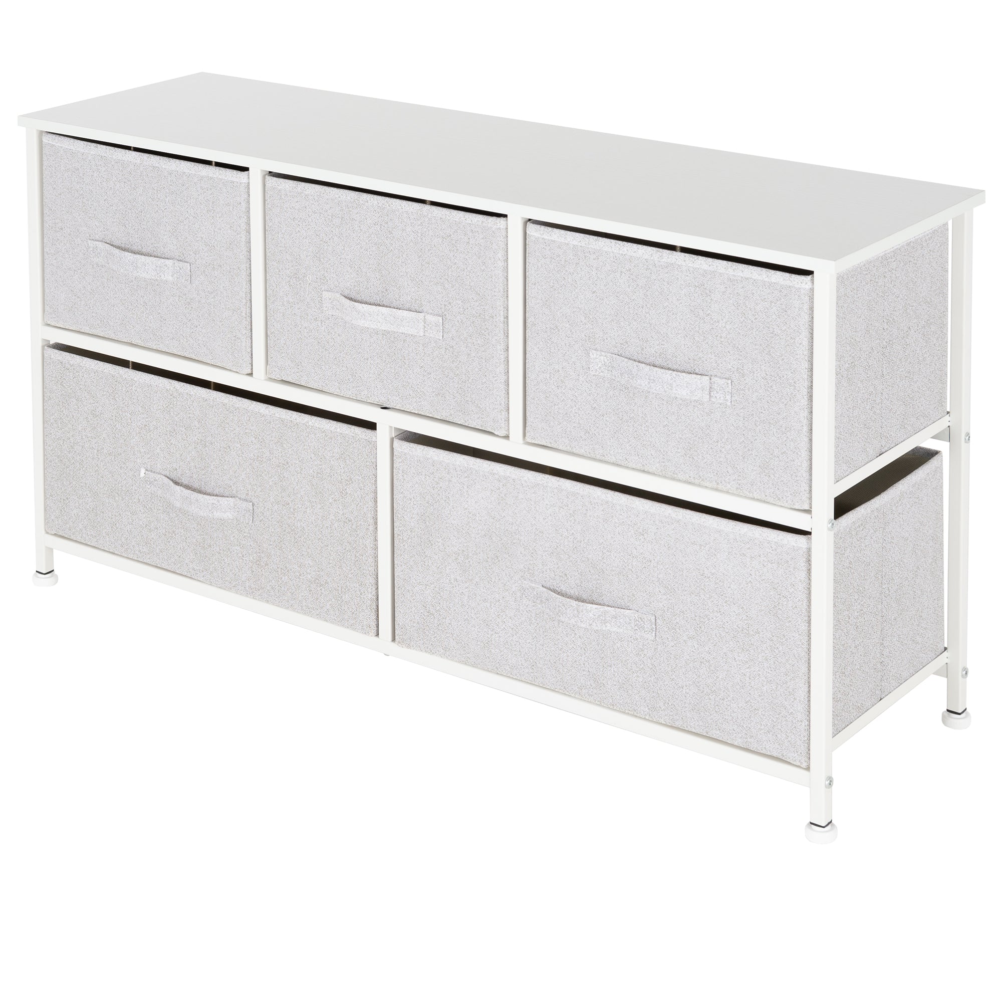 Storage unit with six gray fabric boxes on a white frame.
