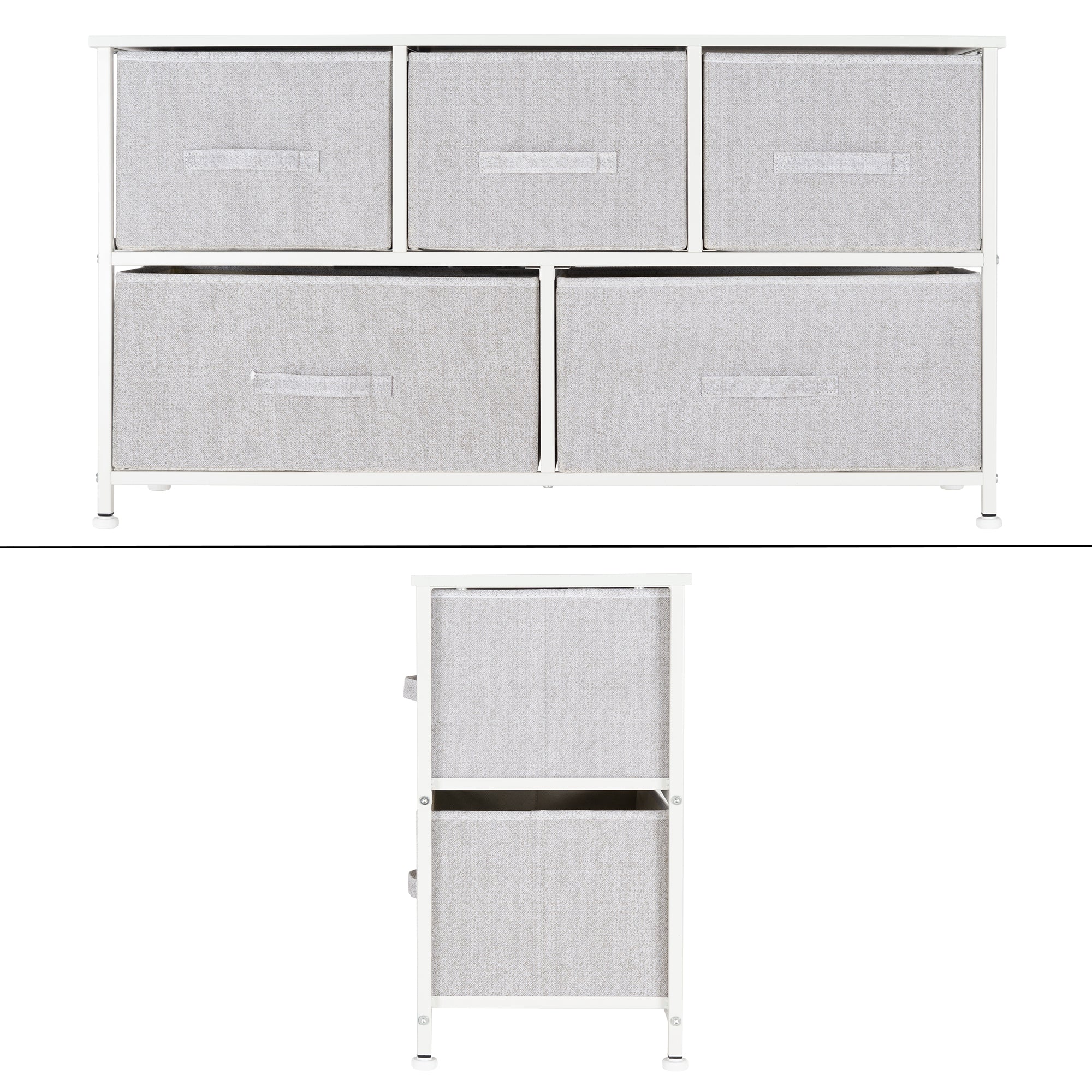 Shelf with six gray fabric boxes on a white frame.