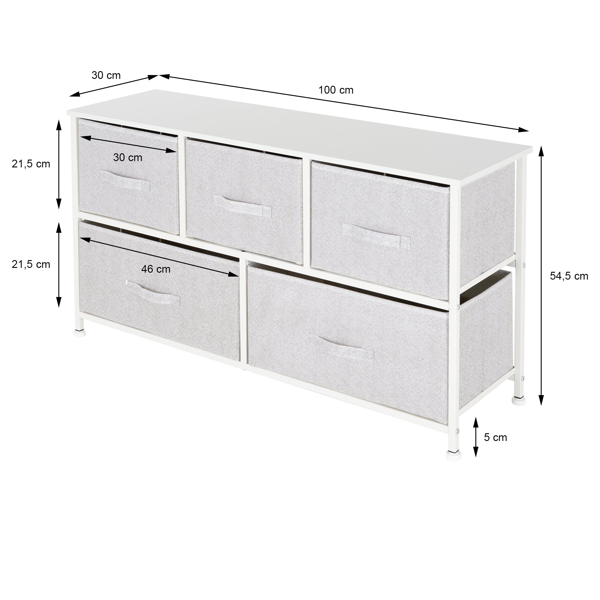 A piece of furniture with four drawers and two open compartments, in light gray and white.
