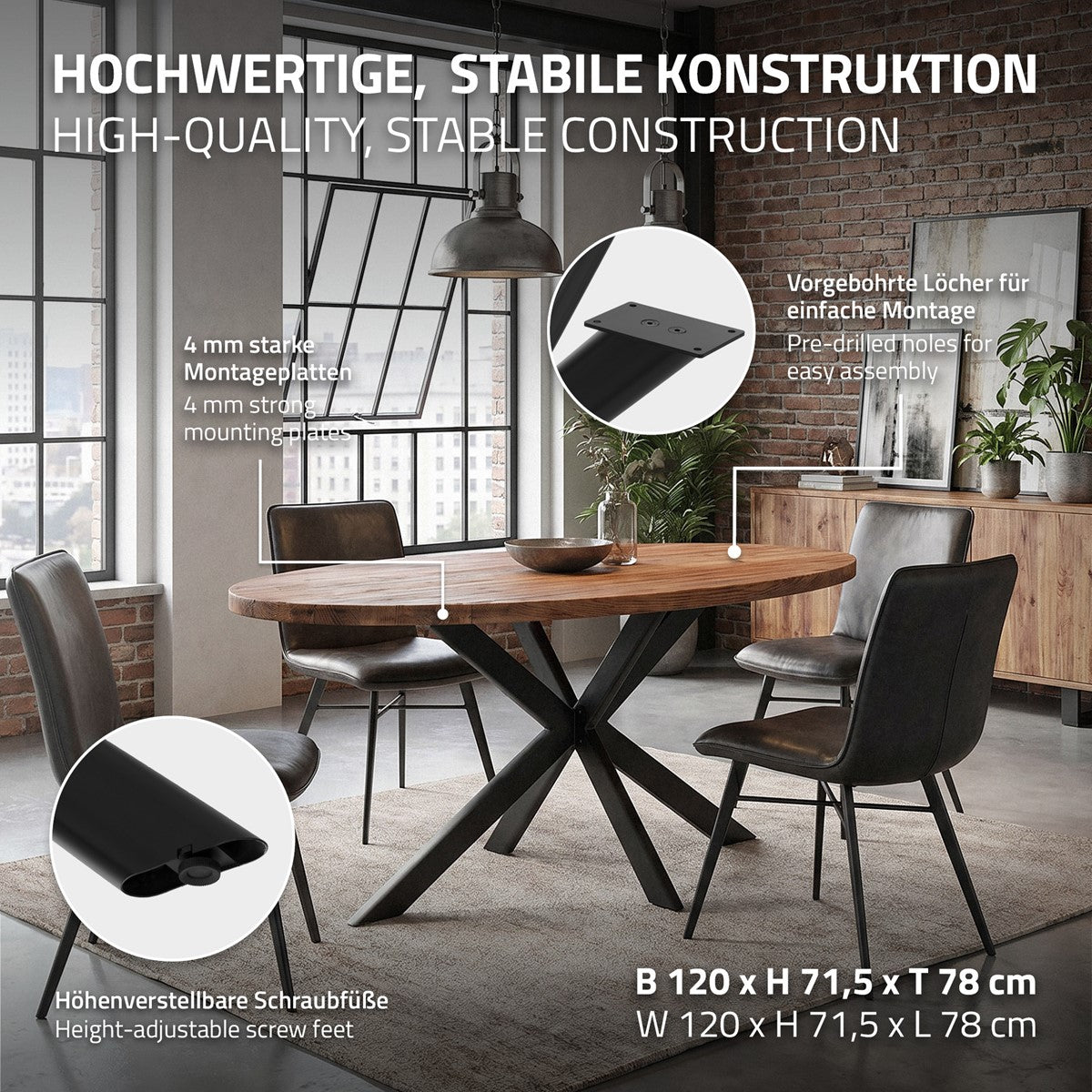 Table with a sturdy construction and height-adjustable screw feet.