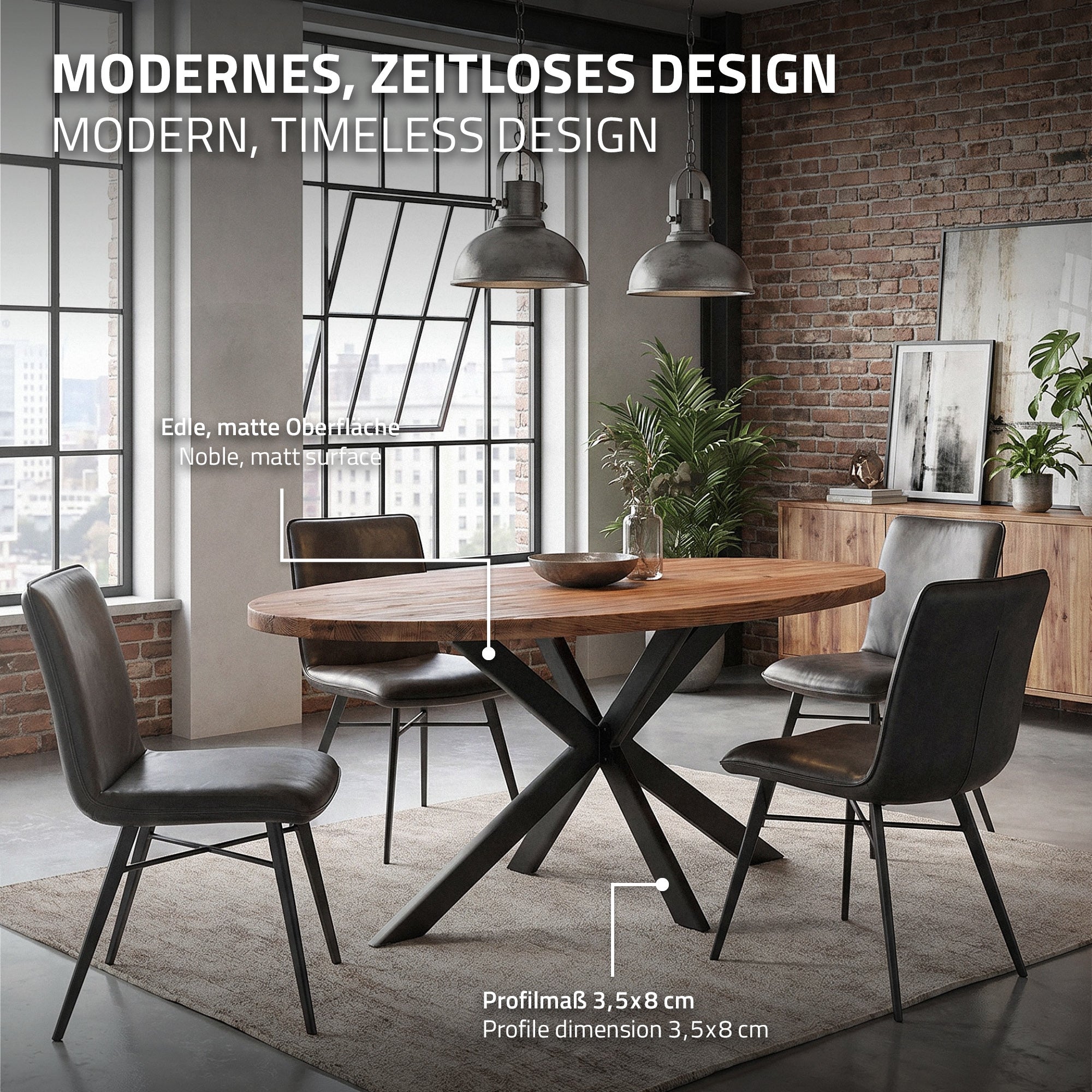 Modern dining table made of wood with four chairs in a loft ambiance.