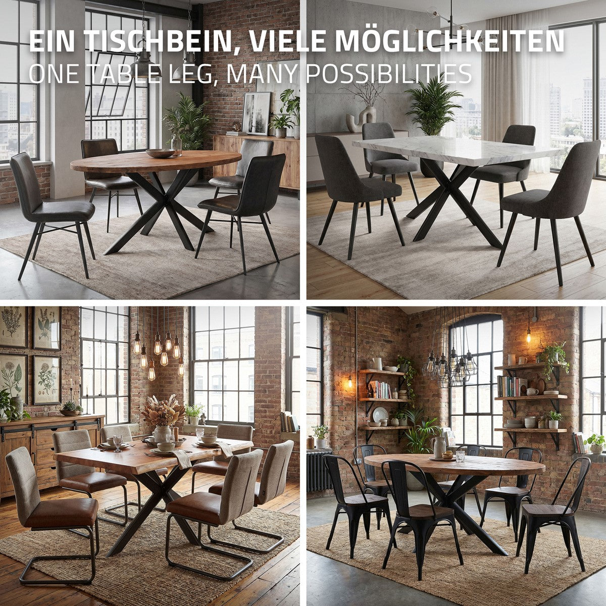 Four table variants with different chairs and a table leg in the middle.