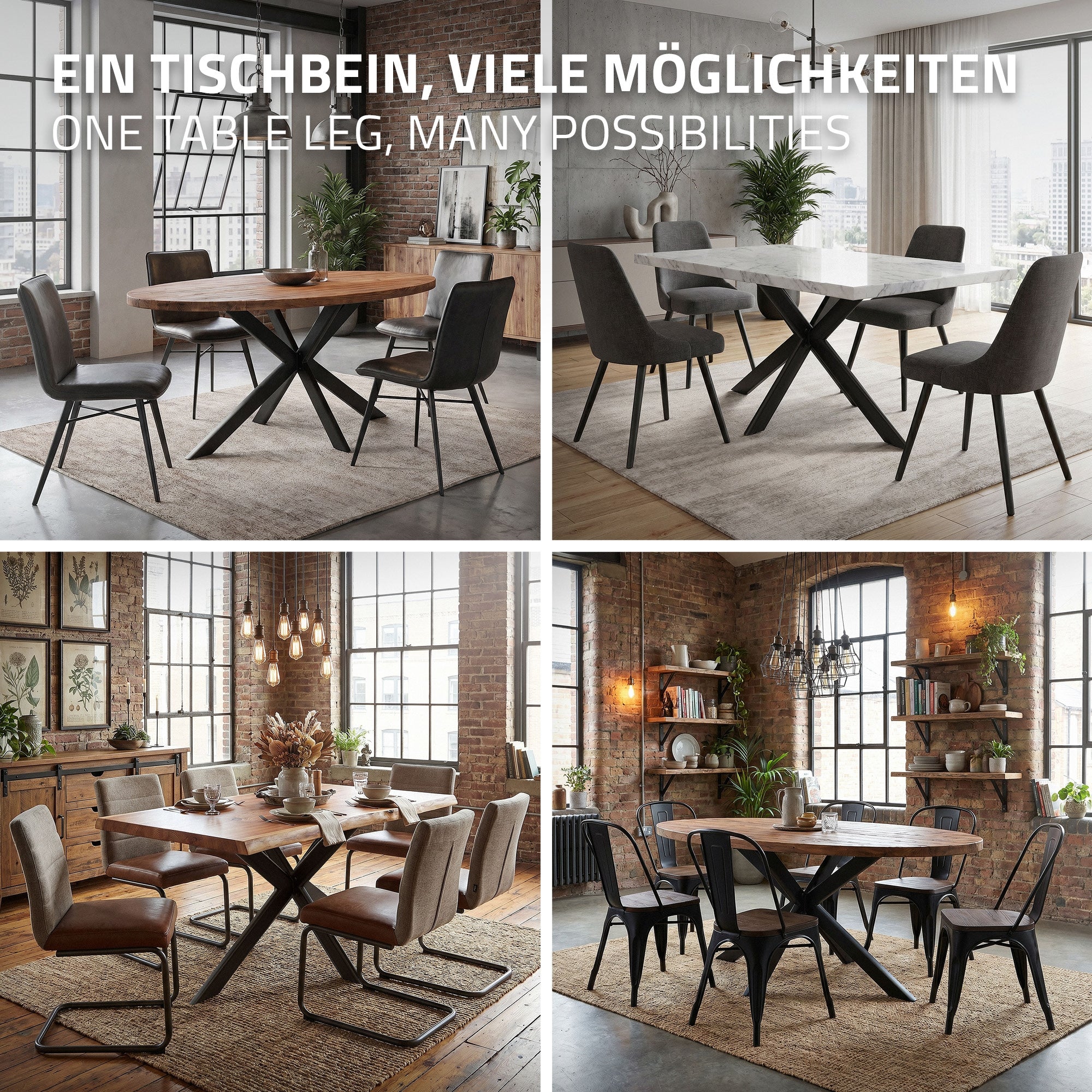 Four table variants with different chairs and a table leg in the center.