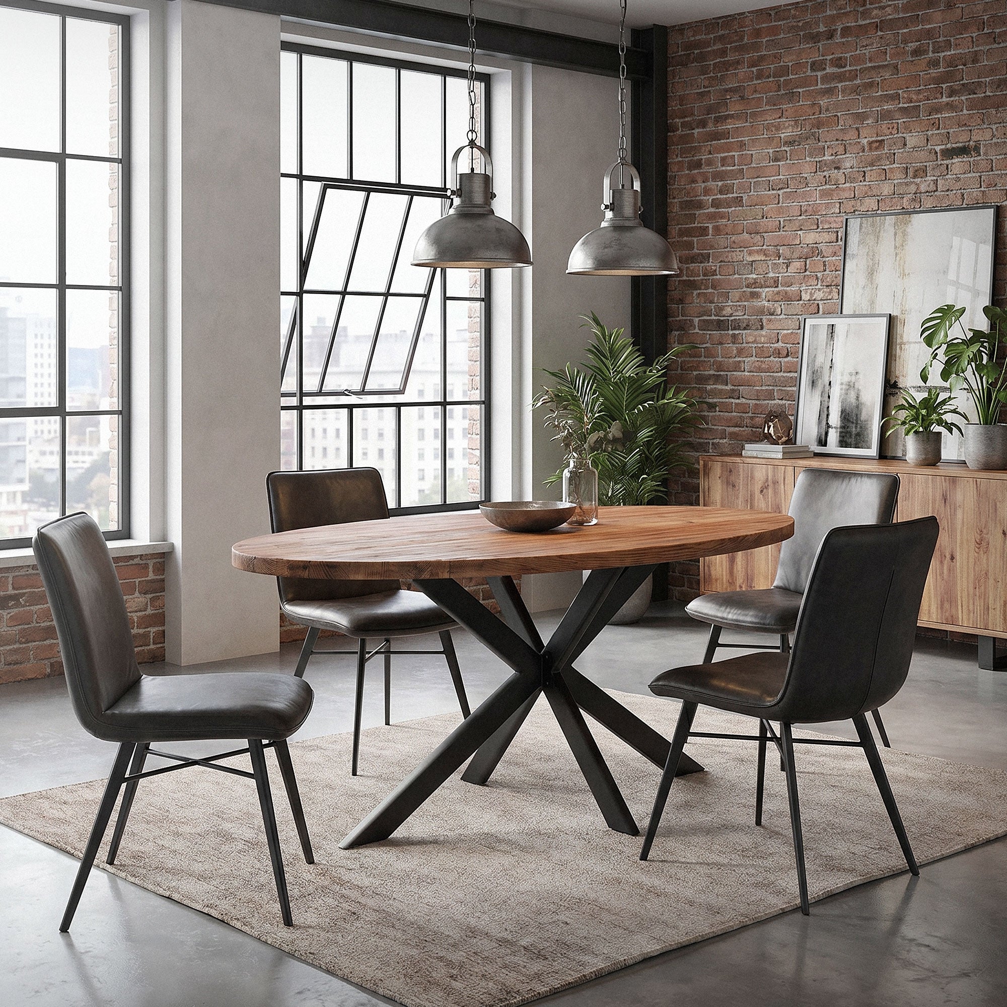 Modern dining group with a round wooden top and four black chairs.