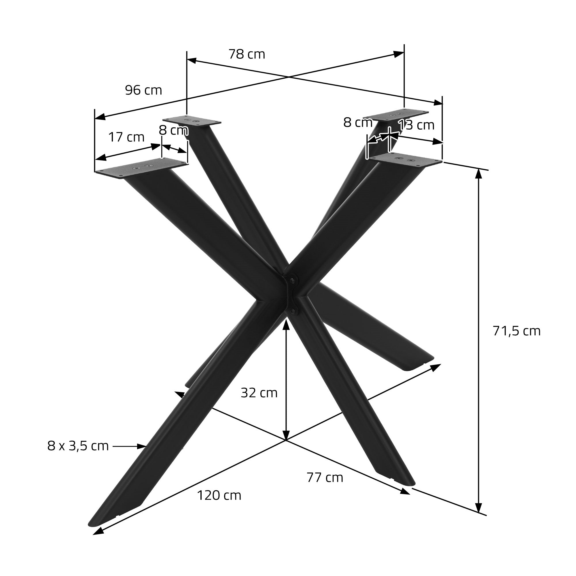 Black table leg with measurements and dimensions.
