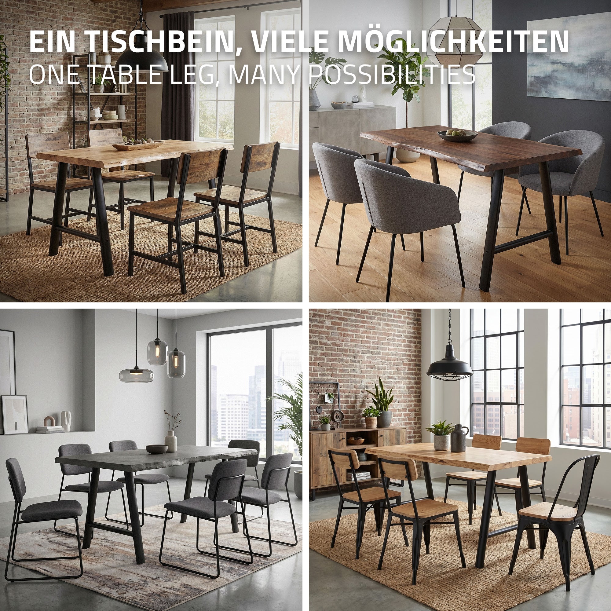 Collage von Esszimmern mit verschiedenen Tischbeinen und Stühlen.