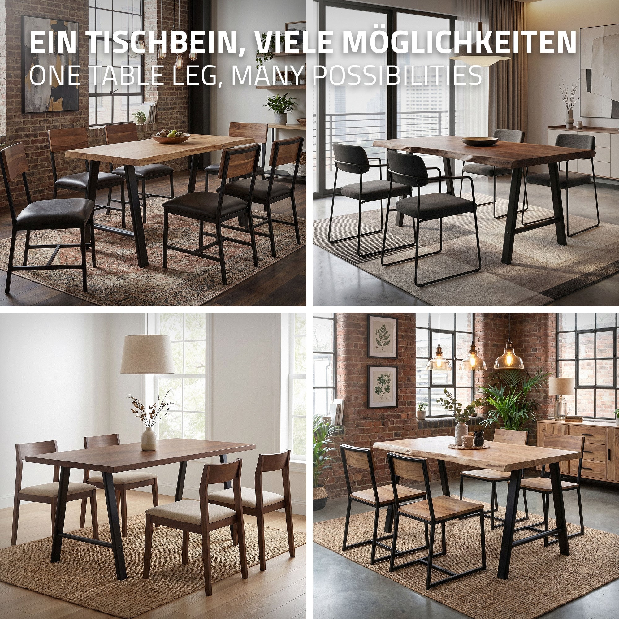 Vier Bilder von Tischbeinen in verschiedenen Anordnungen mit Tischen und Stühlen.